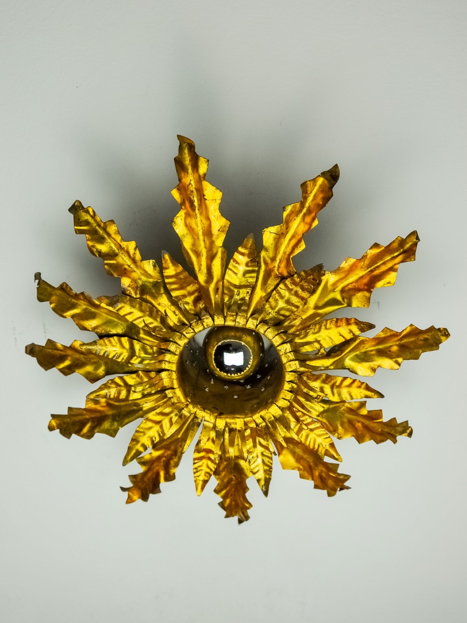 Brutalist Spanish Sunburst Ceiling Light, Gilt Metal Floral Rays, 1950s