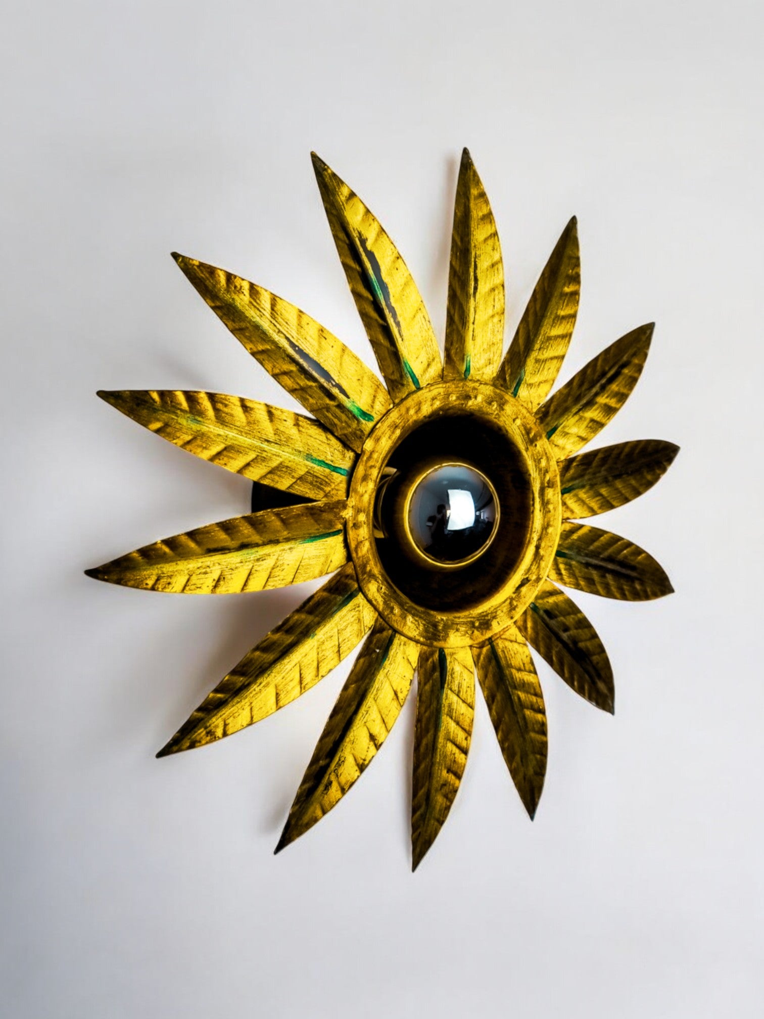 Mid-Century Spanish Sunburst Flush Mount Light in Gold Iron by Ferro Art