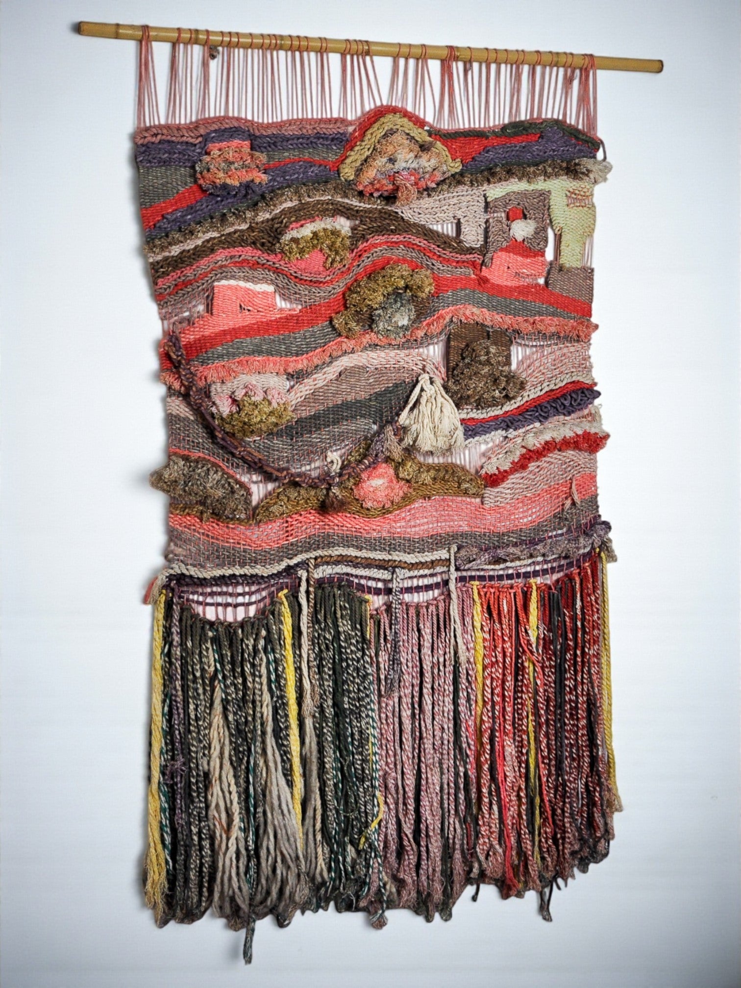 Textured macrame wall hanging, wool, Spain, Circa 1970s