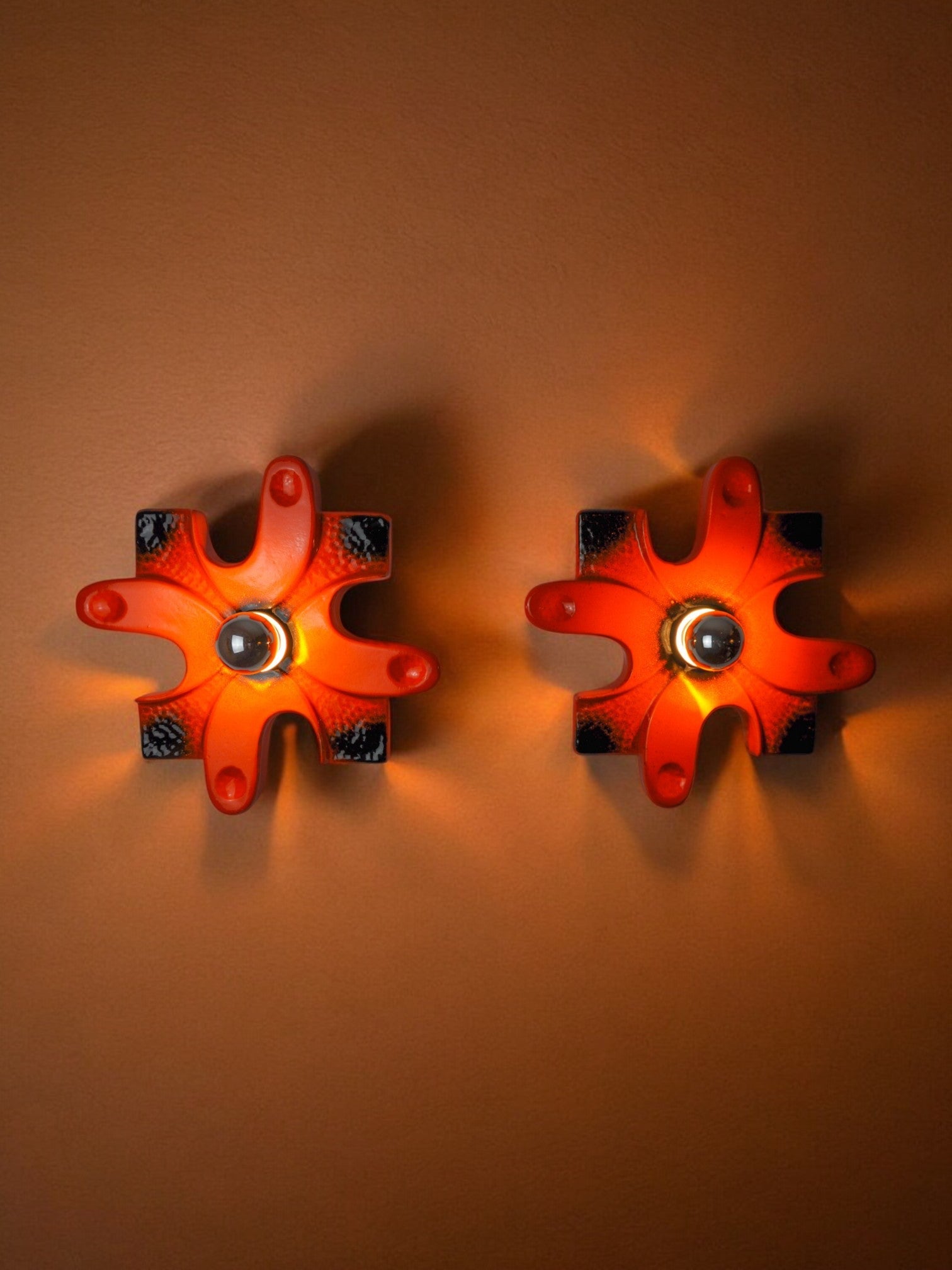 Pair of puzzle sconces by hustadt leuchten red ceramics, germany, 1960