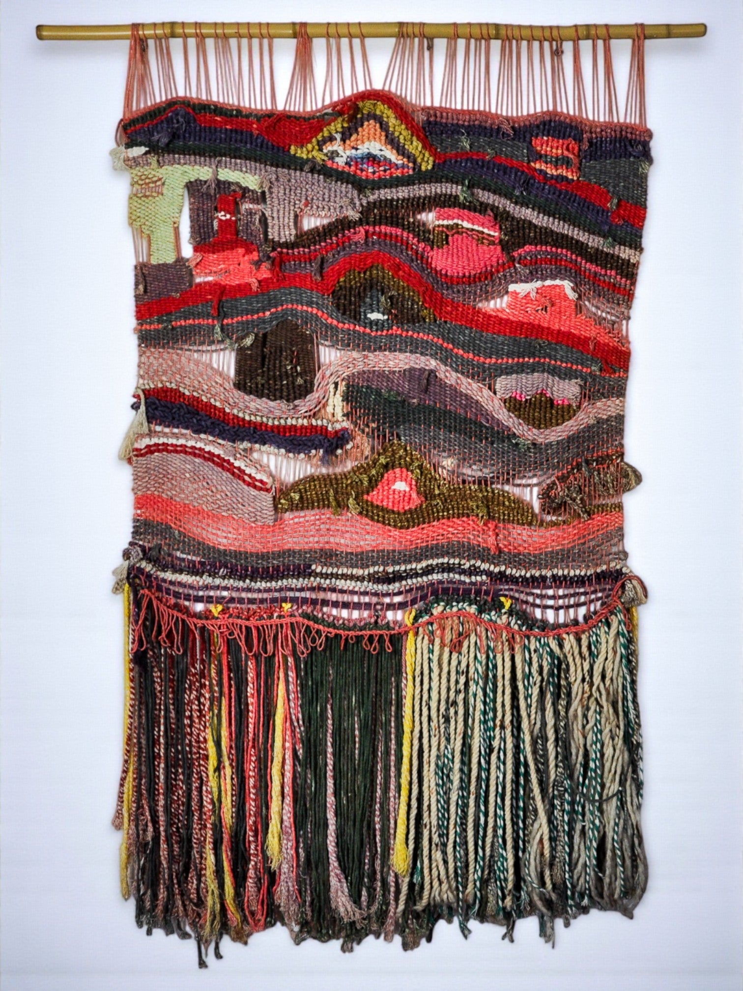 Textured macrame wall hanging, wool, Spain, Circa 1970s