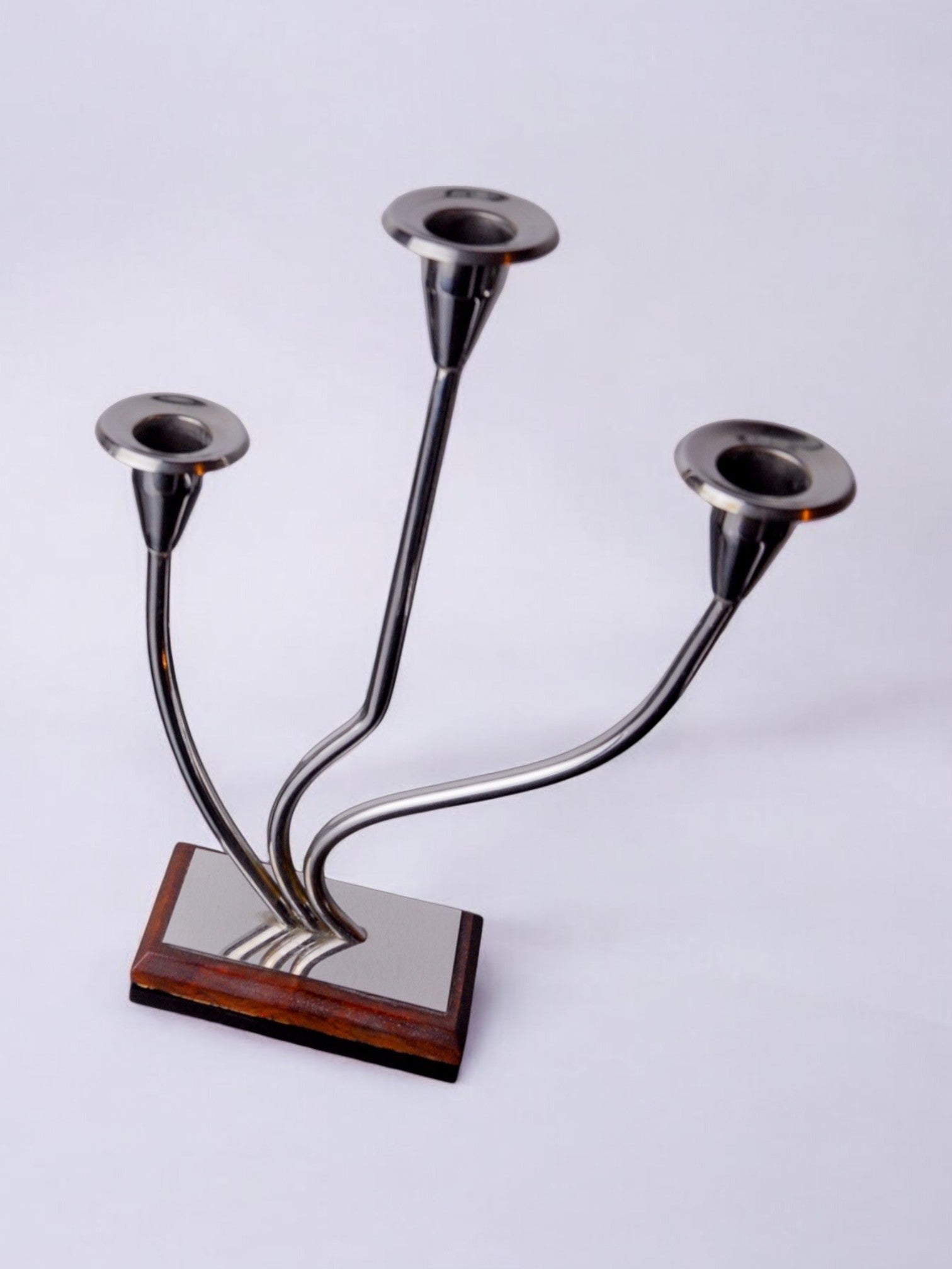 Art deco candlestick in stainless steel and rosewood 3 flames, Spain, 1970