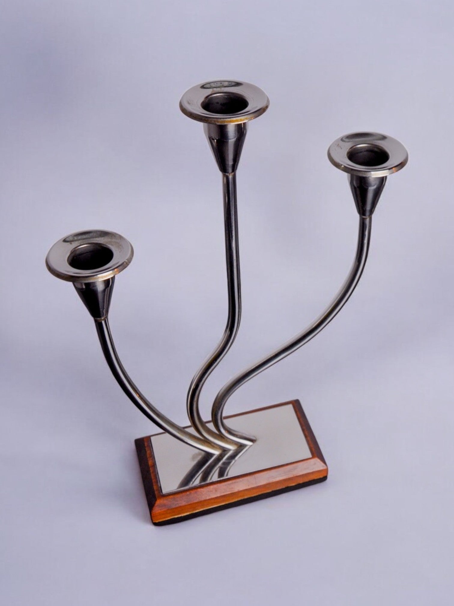Art deco candlestick in stainless steel and rosewood 3 flames, Spain, 1970