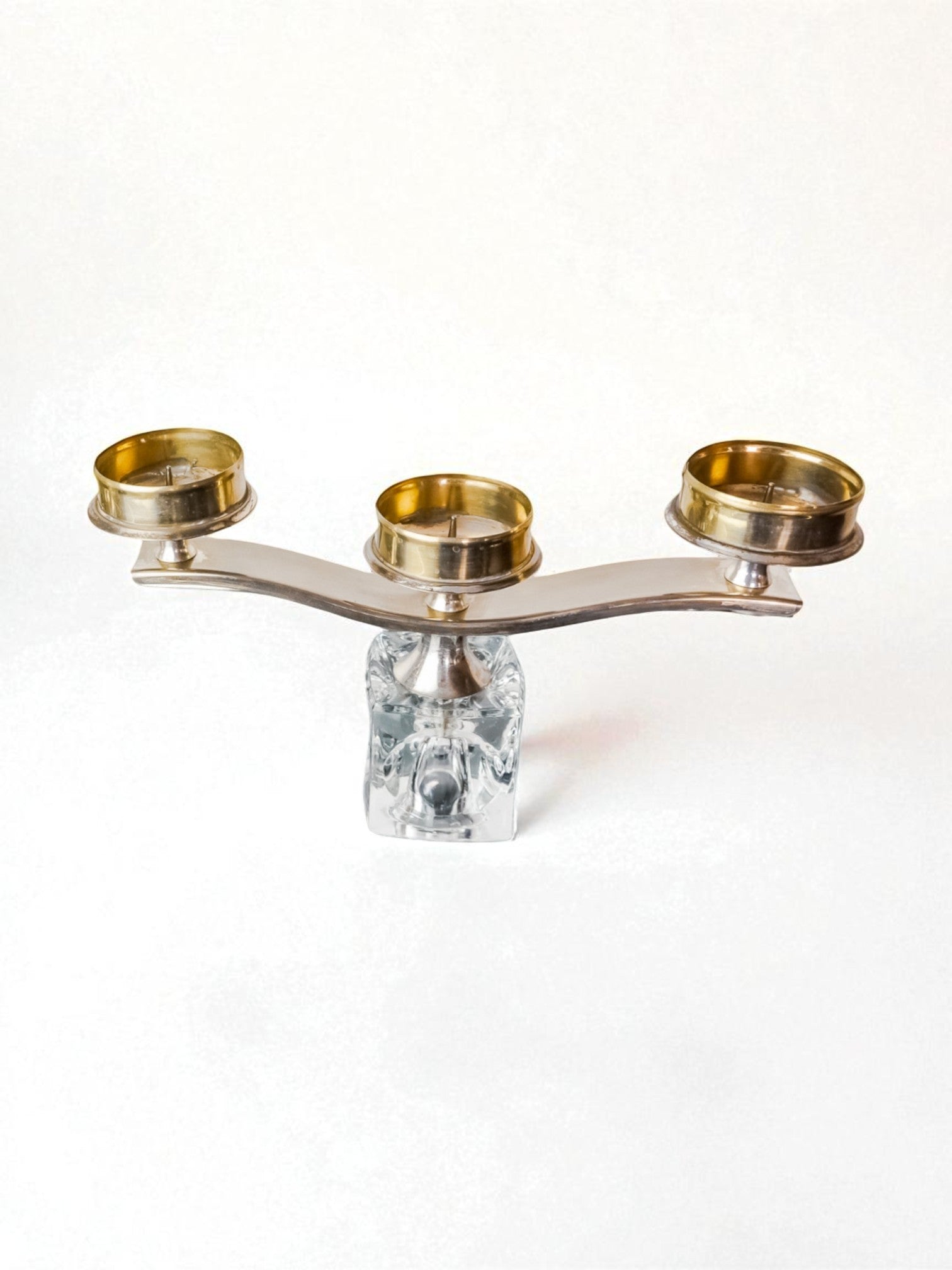 Ice cube candle holder by Peill & Putzler, 3 flames, glass and silver metal, Germany, 1970's