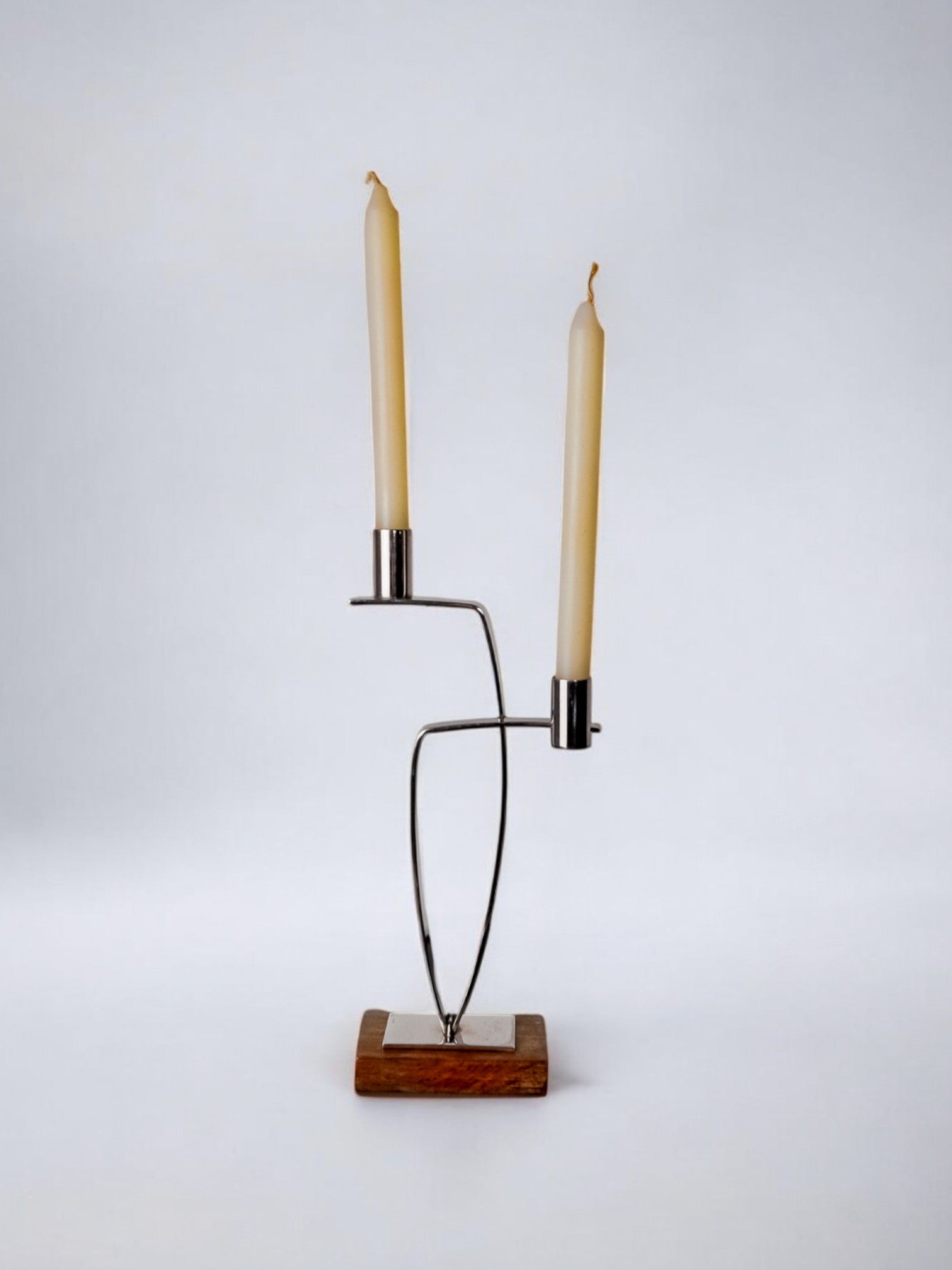 Candlestick in stainless steel and rosewood, 2 flames, Denmark, 1970's