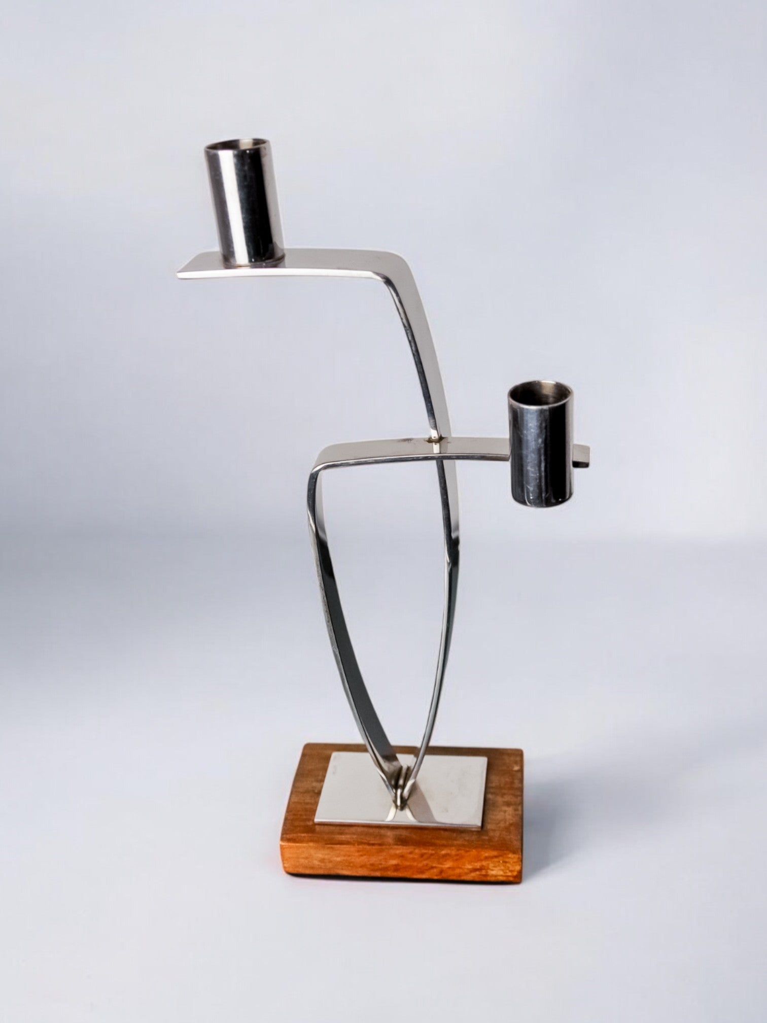 Candlestick in stainless steel and rosewood, 2 flames, Denmark, 1970's