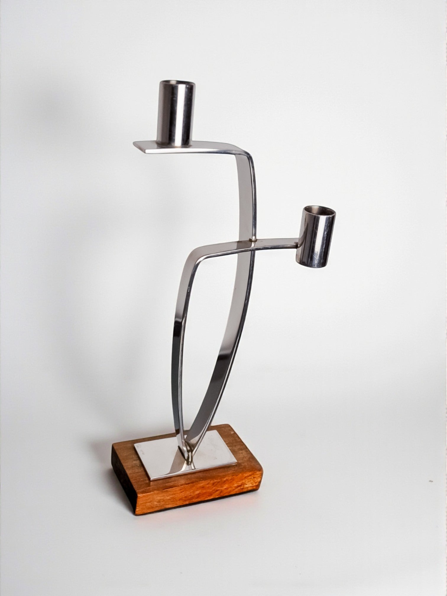 Candlestick in stainless steel and rosewood, 2 flames, Denmark, 1970's