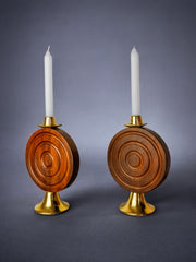 Pair of brutalist candlesticks by Ardisur, bronze and wood, Spain, 1970