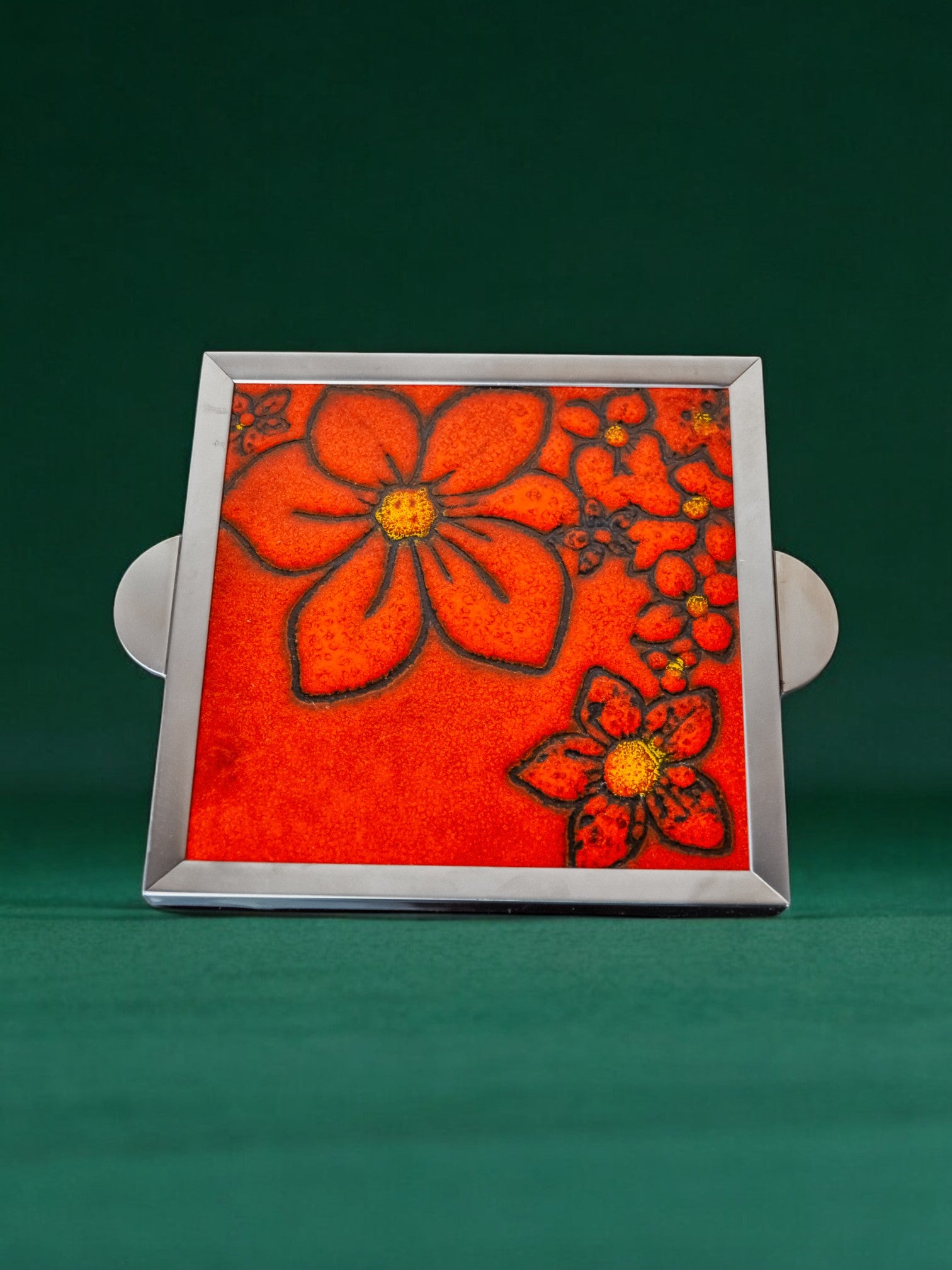 Space age Floral red ceramic trivet, spain, 1970's