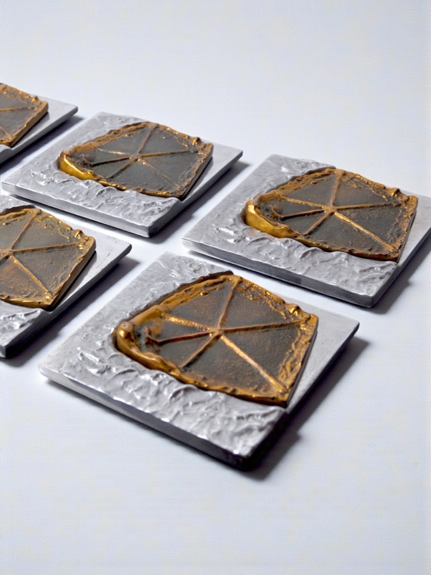Set of 6 brutalist coasters by Art3, bronze & aluminium, 1970