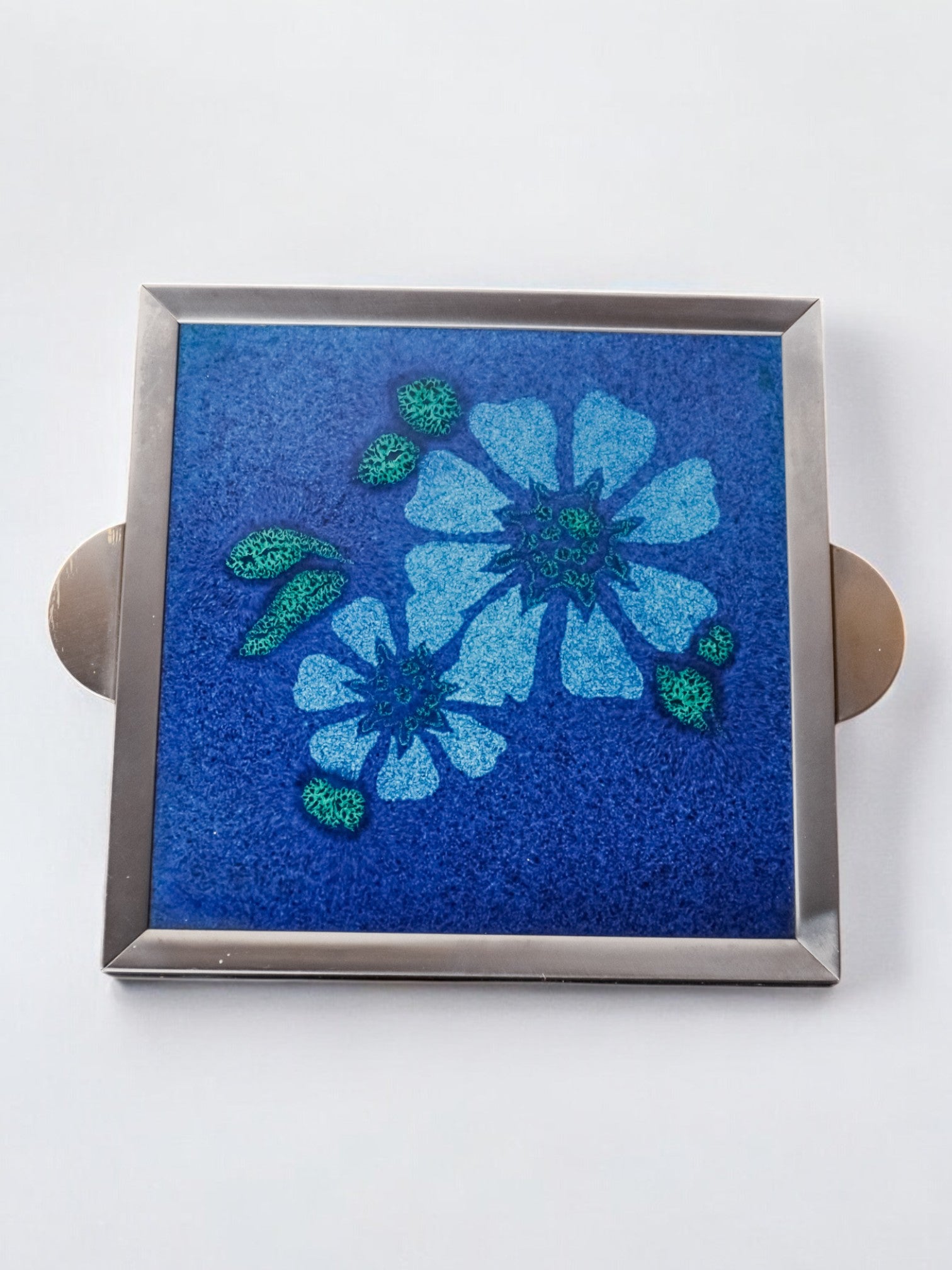 Space age floral blue ceramic trivet, spain, 1970's