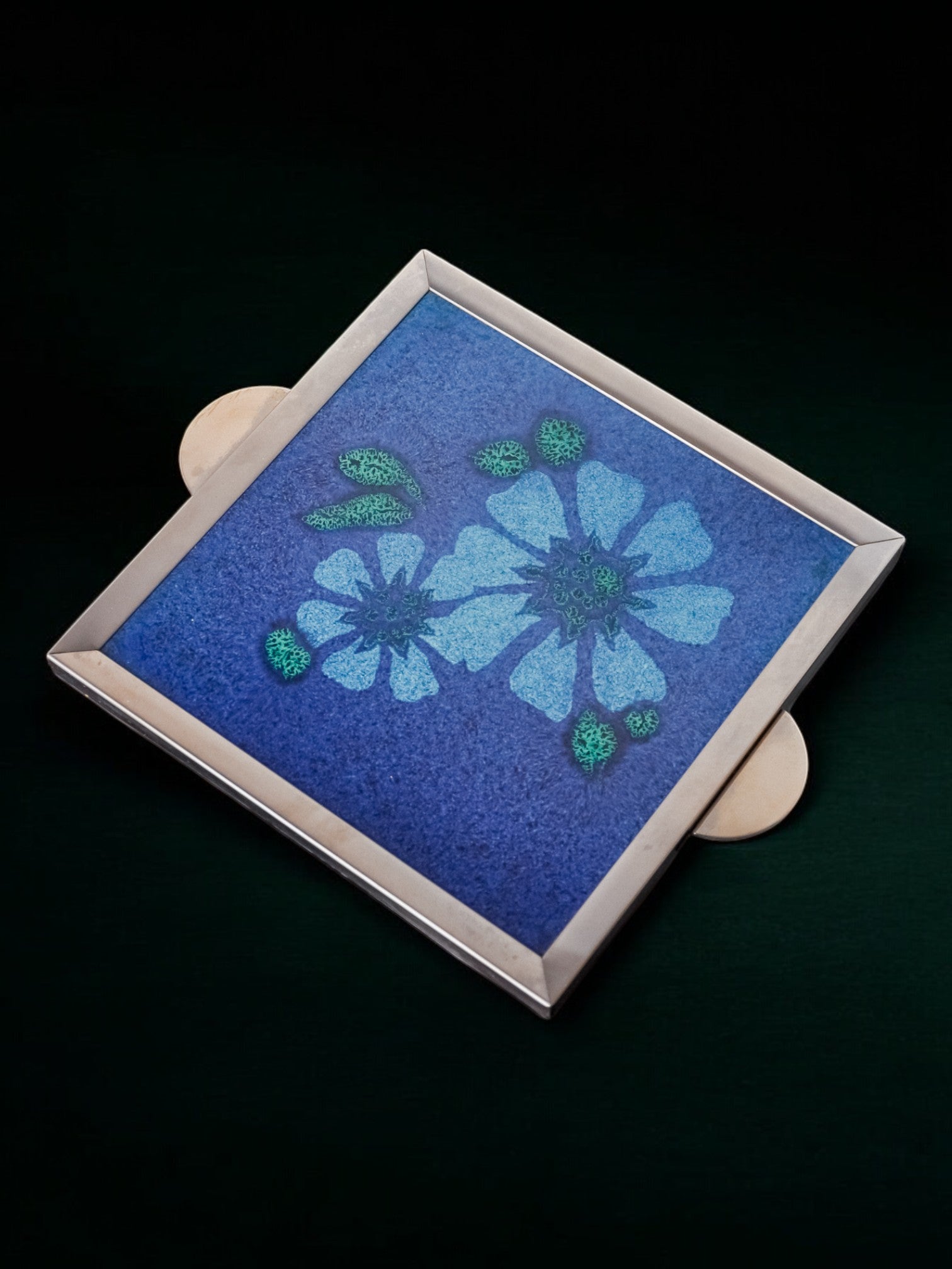 Space age floral blue ceramic trivet, spain, 1970's