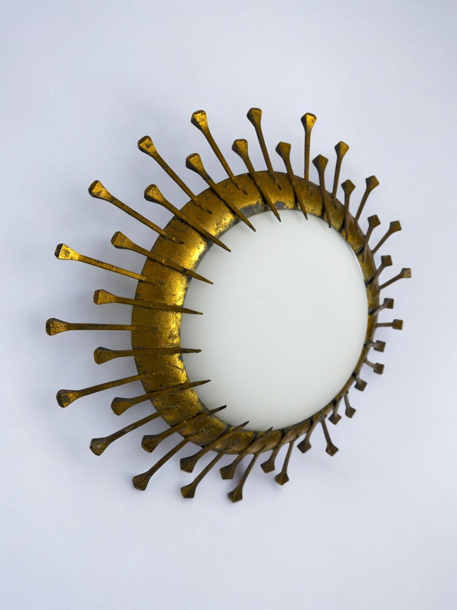 Brutalist sun lamp, opaline and gold leaf, italy, 1960