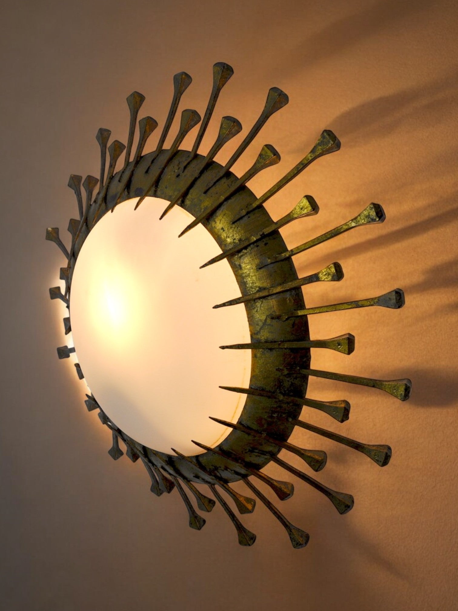 Brutalist sun lamp, opaline and gold leaf, italy, 1960