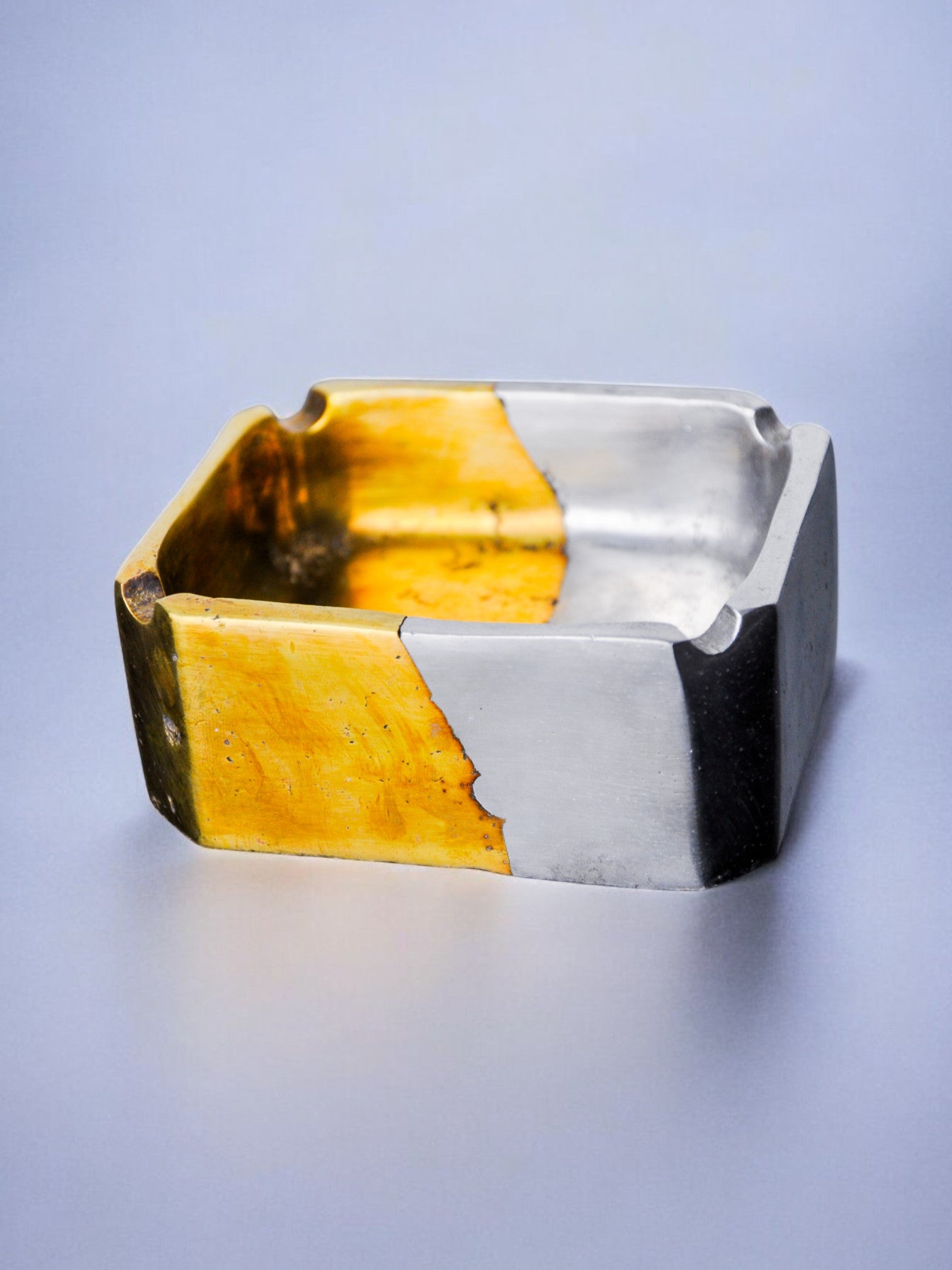Brutalist ashtray by Léopold, brass and aluminum, Spain, 1970