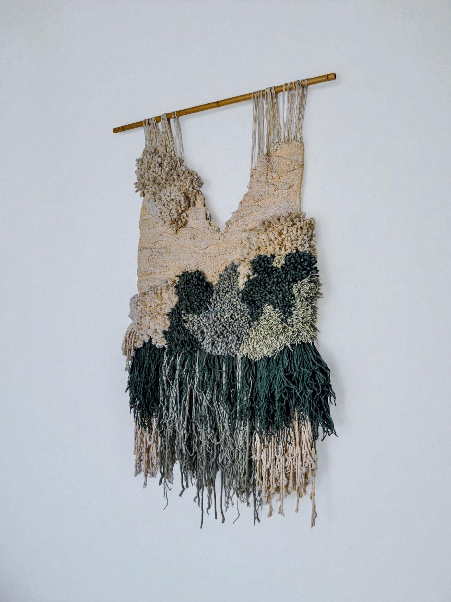 Textured macrame wall hanging, green & beige wool, Spain, Circa 1970's