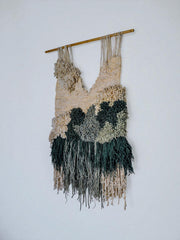 Textured macrame wall hanging, green & beige wool, Spain, Circa 1970's