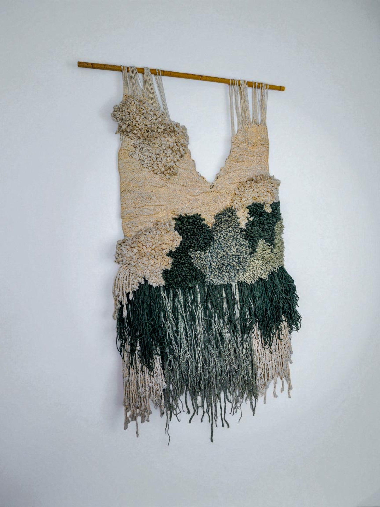 Textured macrame wall hanging, green & beige wool, Spain, Circa 1970's