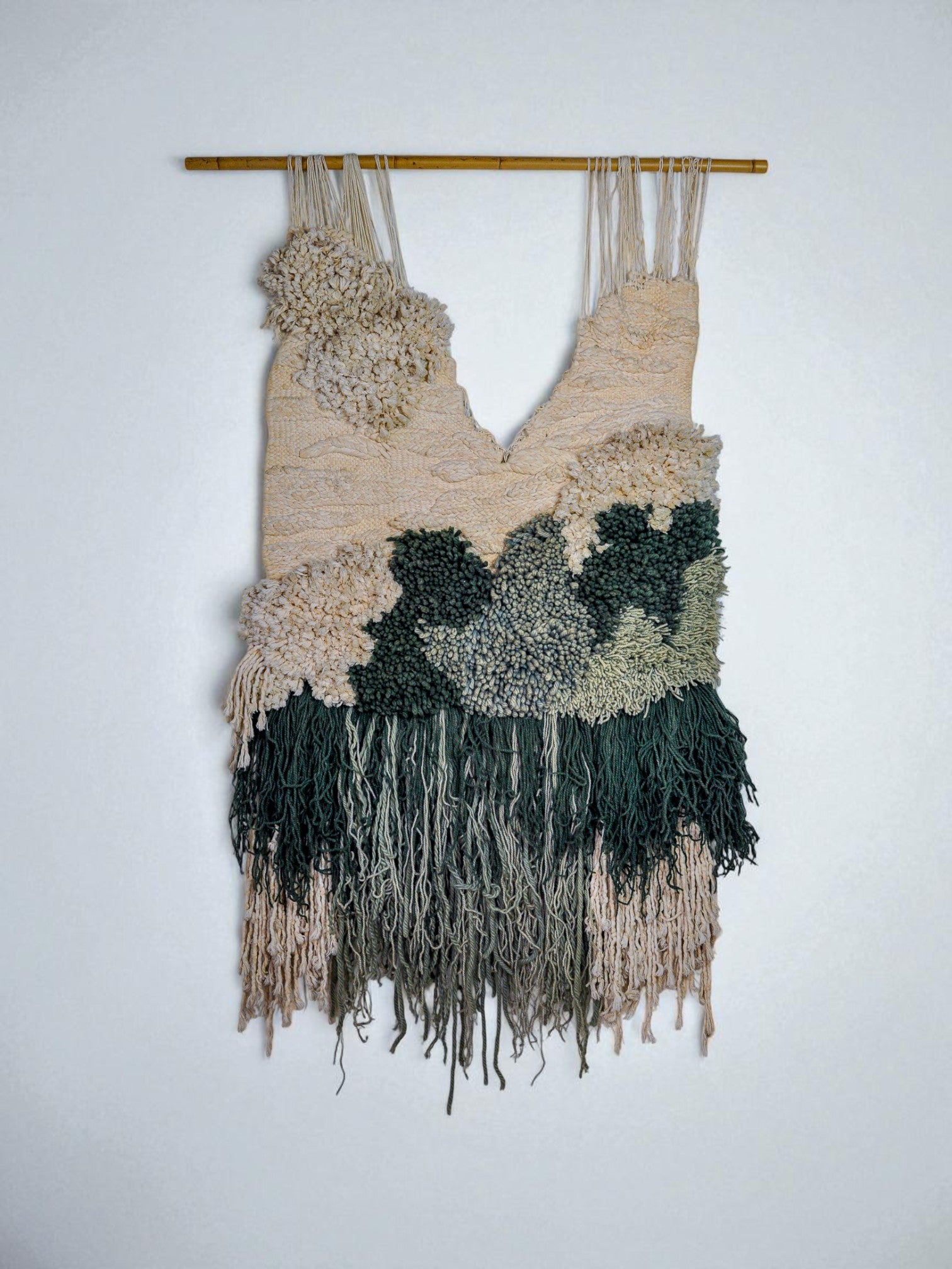 Textured macrame wall hanging, green & beige wool, Spain, Circa 1970's