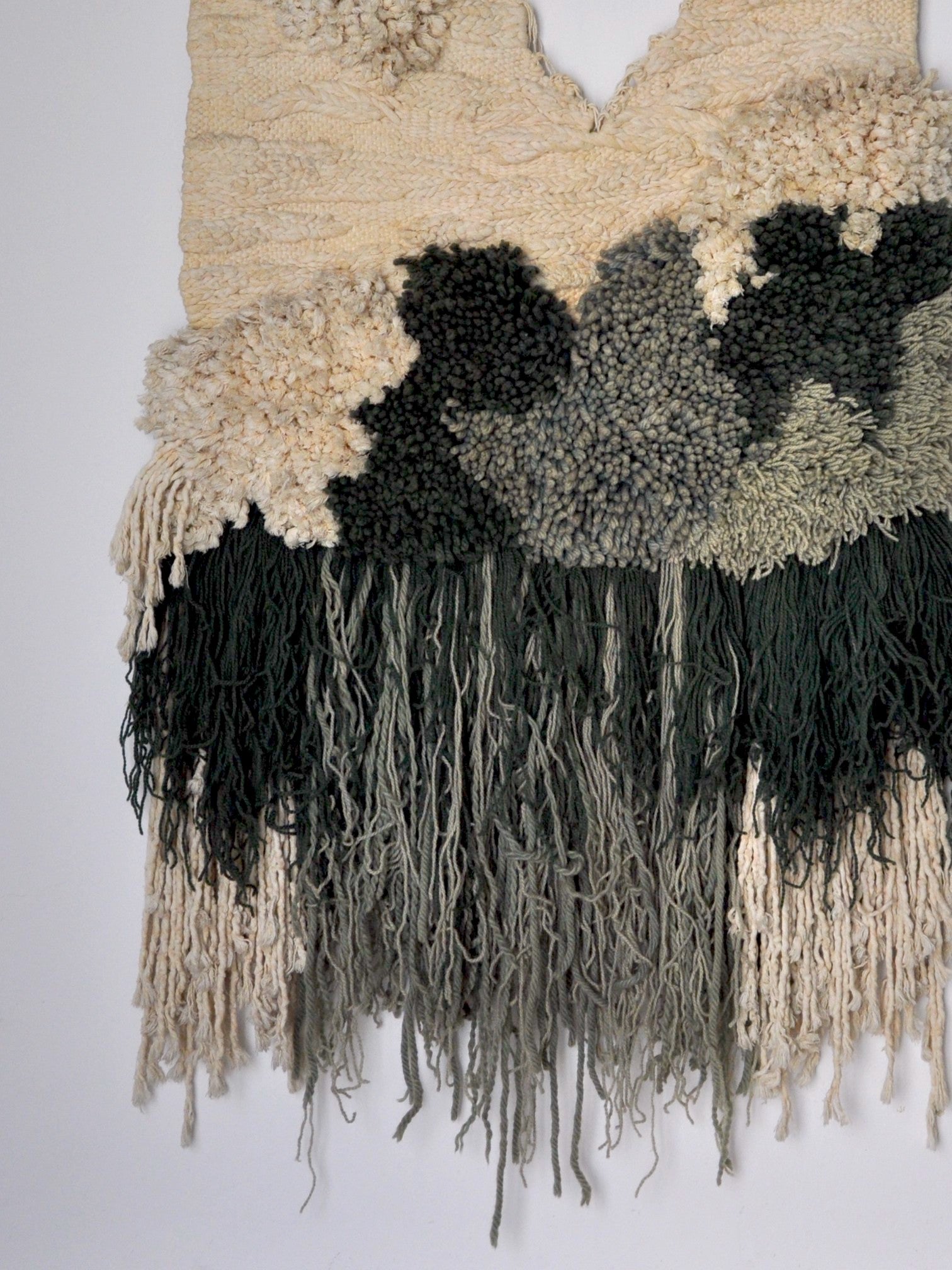 Textured macrame wall hanging, green & beige wool, Spain, Circa 1970's