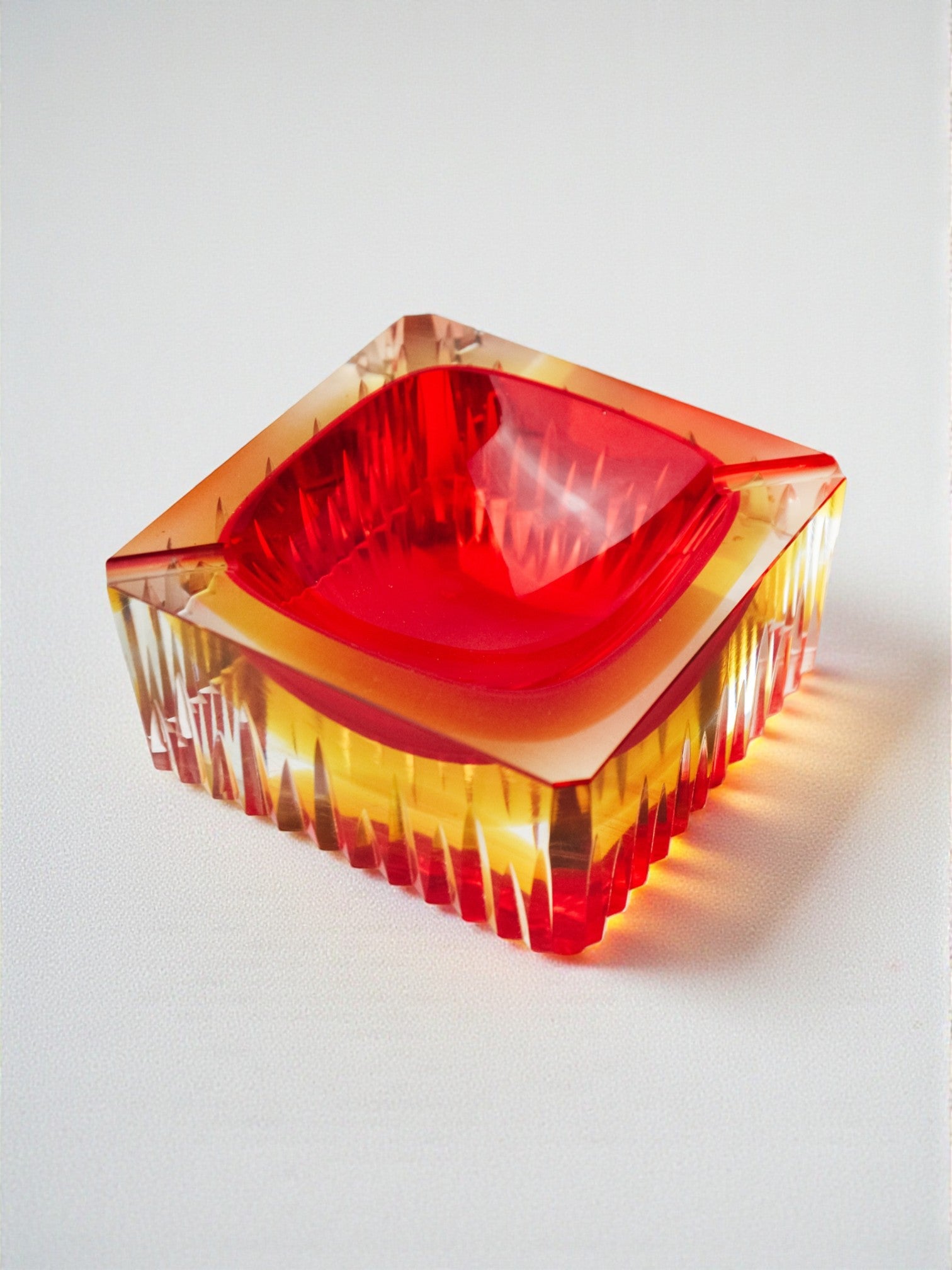 Red and yellow cubic Sommerso ashtray by Seguso, Murano, Italy, 1970