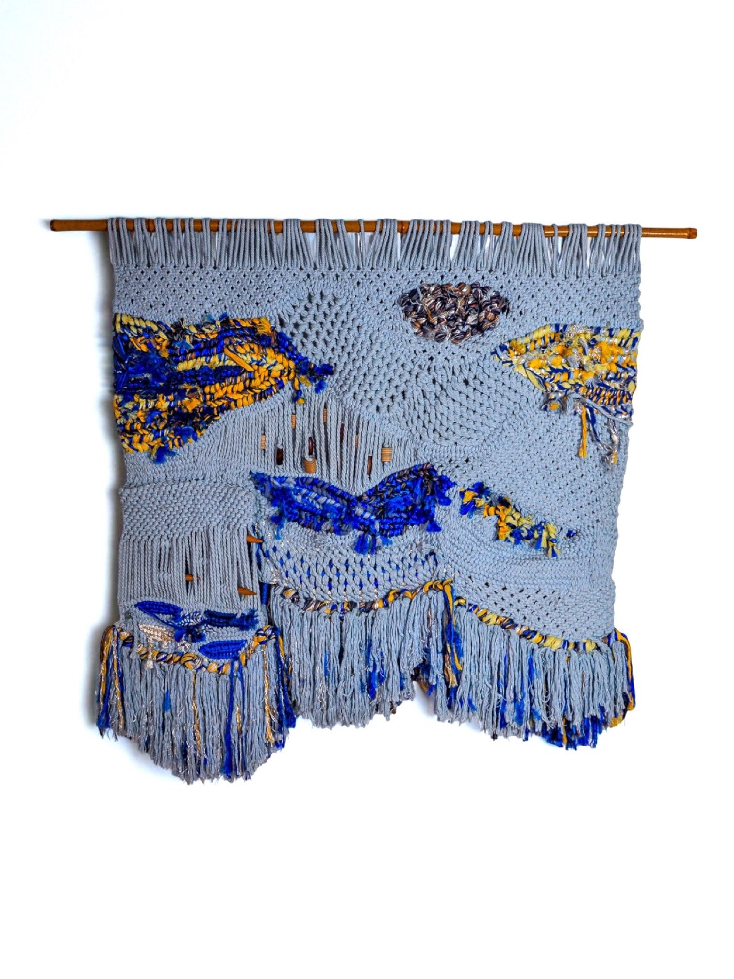 Textured macrame wall tapestry, folk art, Spain, 1970