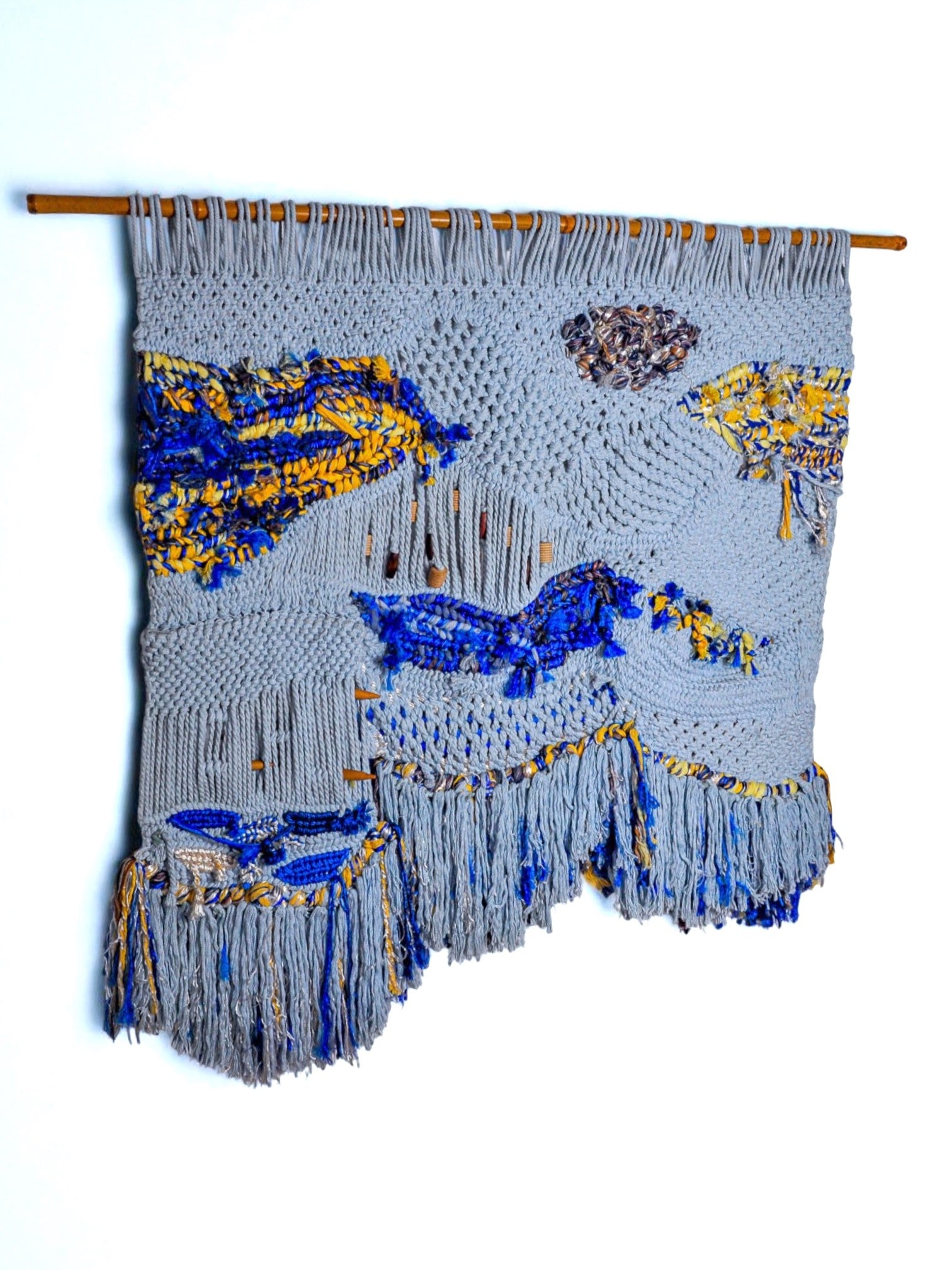 Textured macrame wall tapestry, folk art, Spain, 1970
