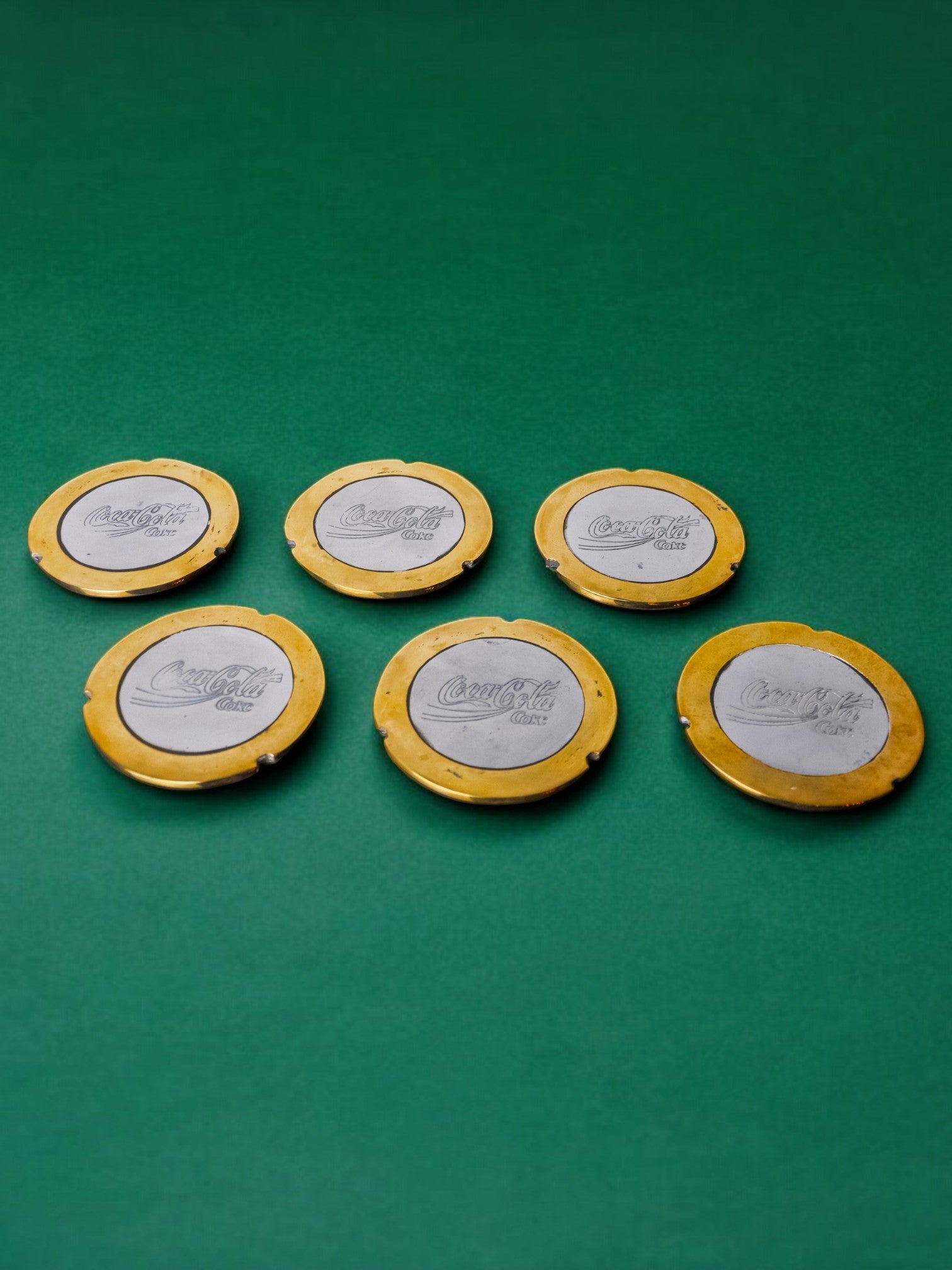 Set of 6 brutalist "Coca-cola" coasters by Ardisur in bronze, Spain, 1970's