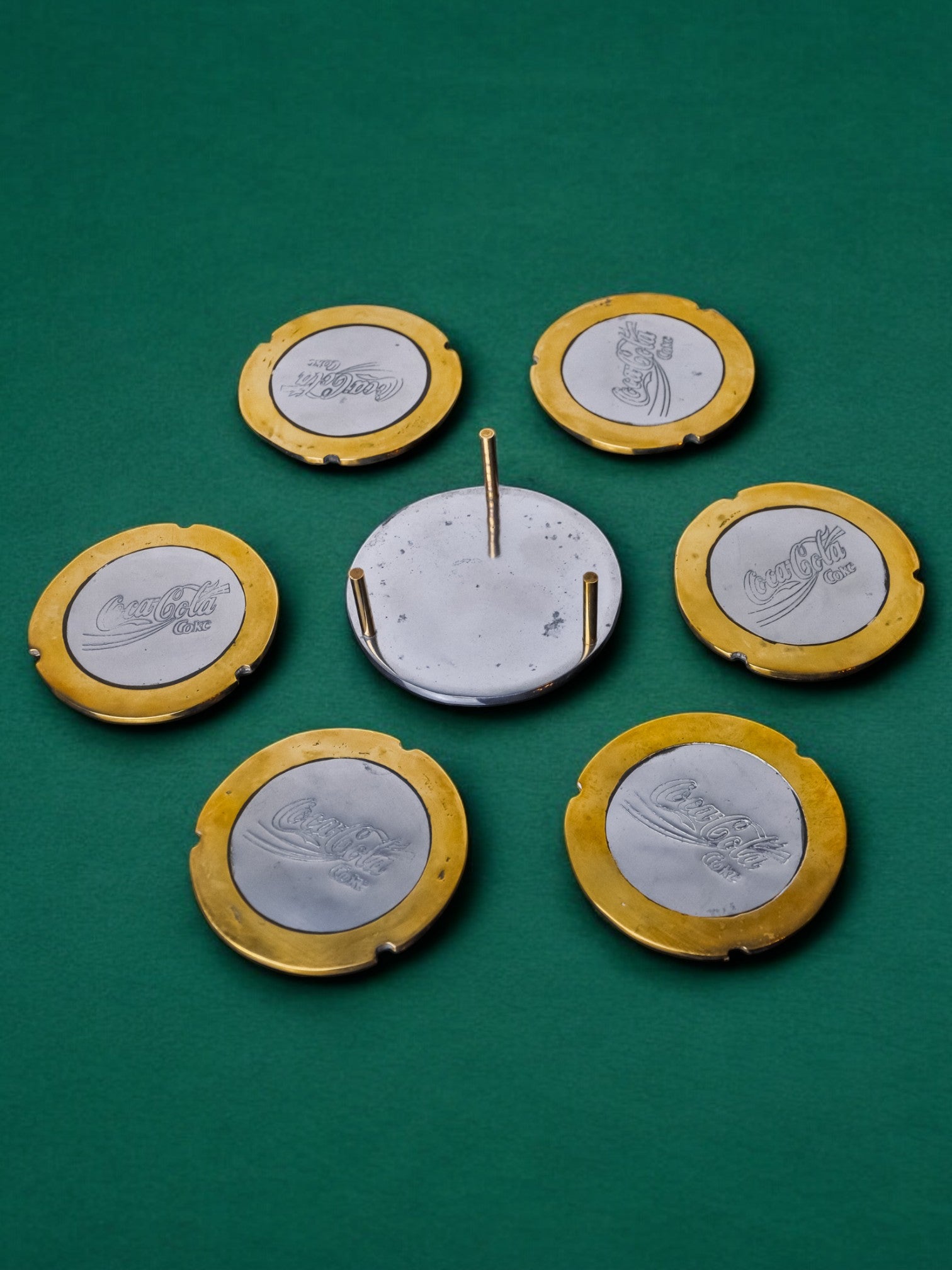 Set of 6 brutalist "Coca-cola" coasters by Ardisur in bronze, Spain, 1970's