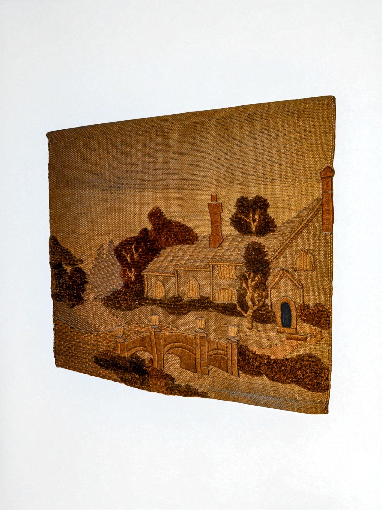 Spanish 1970s Folk Art Wool Tapestry – English Cottage Landscape