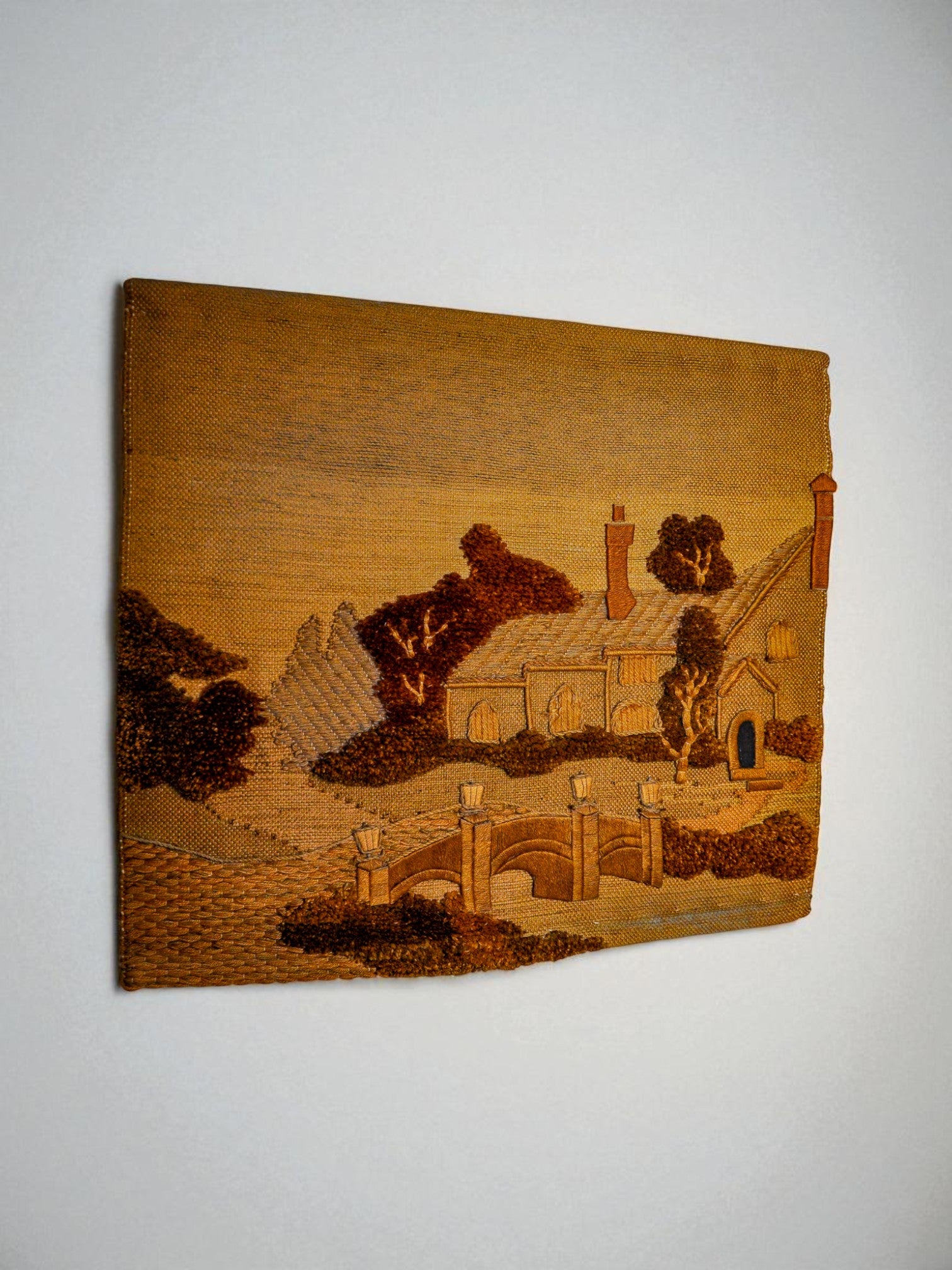 Spanish 1970s Folk Art Wool Tapestry – English Cottage Landscape
