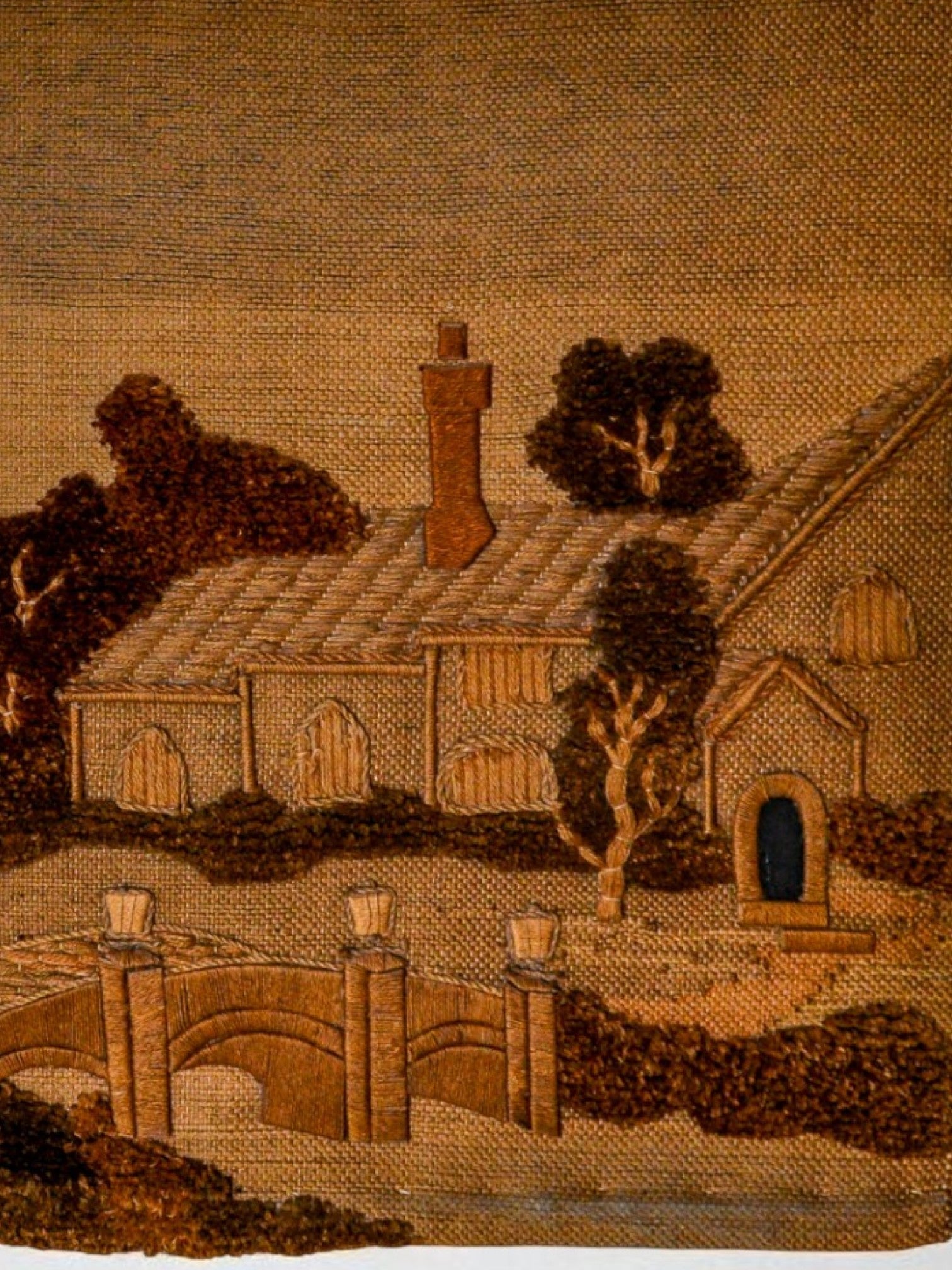 Spanish 1970s Folk Art Wool Tapestry – English Cottage Landscape