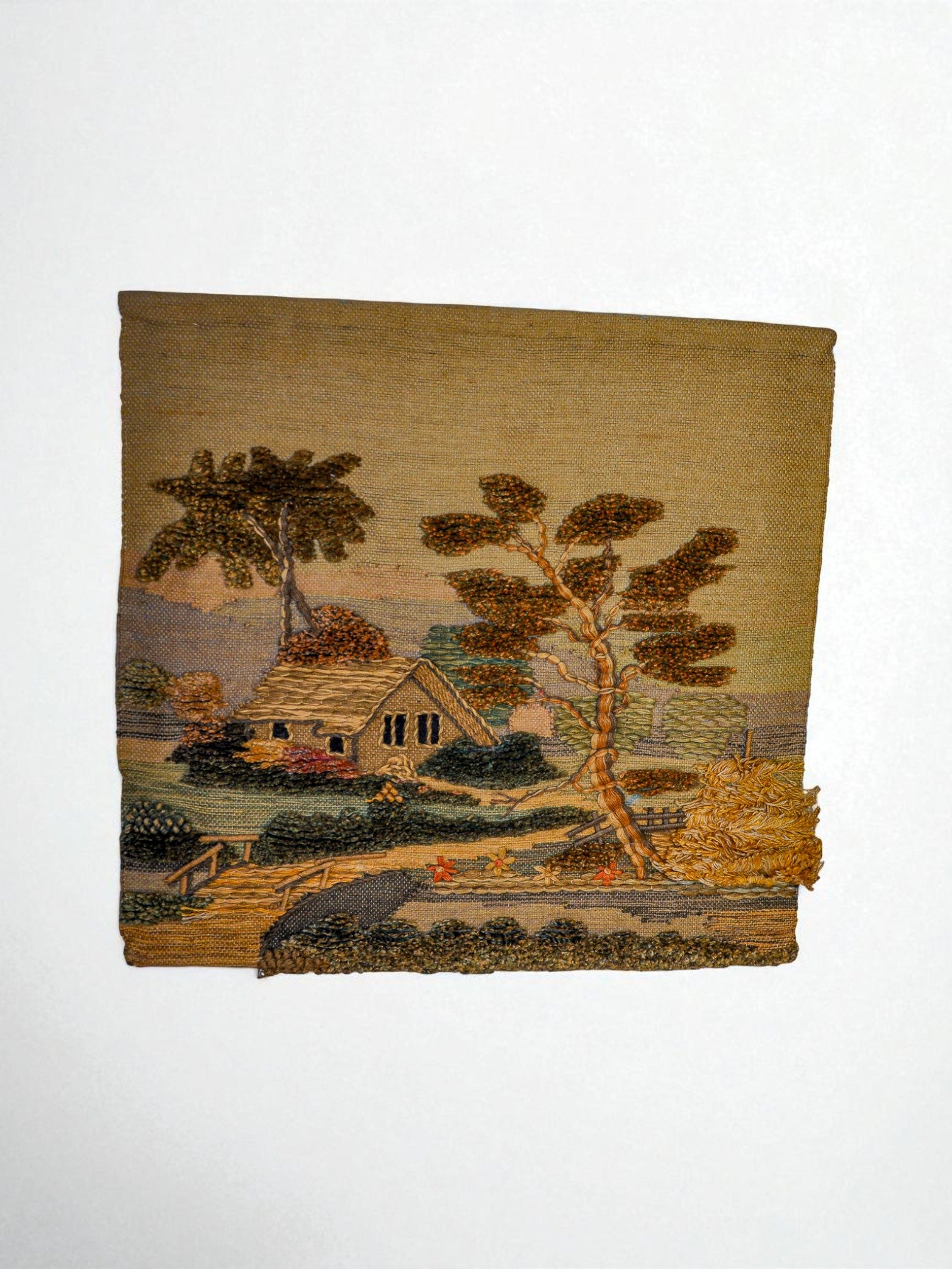 Spanish 1970s Folk Art Wool Tapestry –  Thatched English Cottage & Tree Landscape