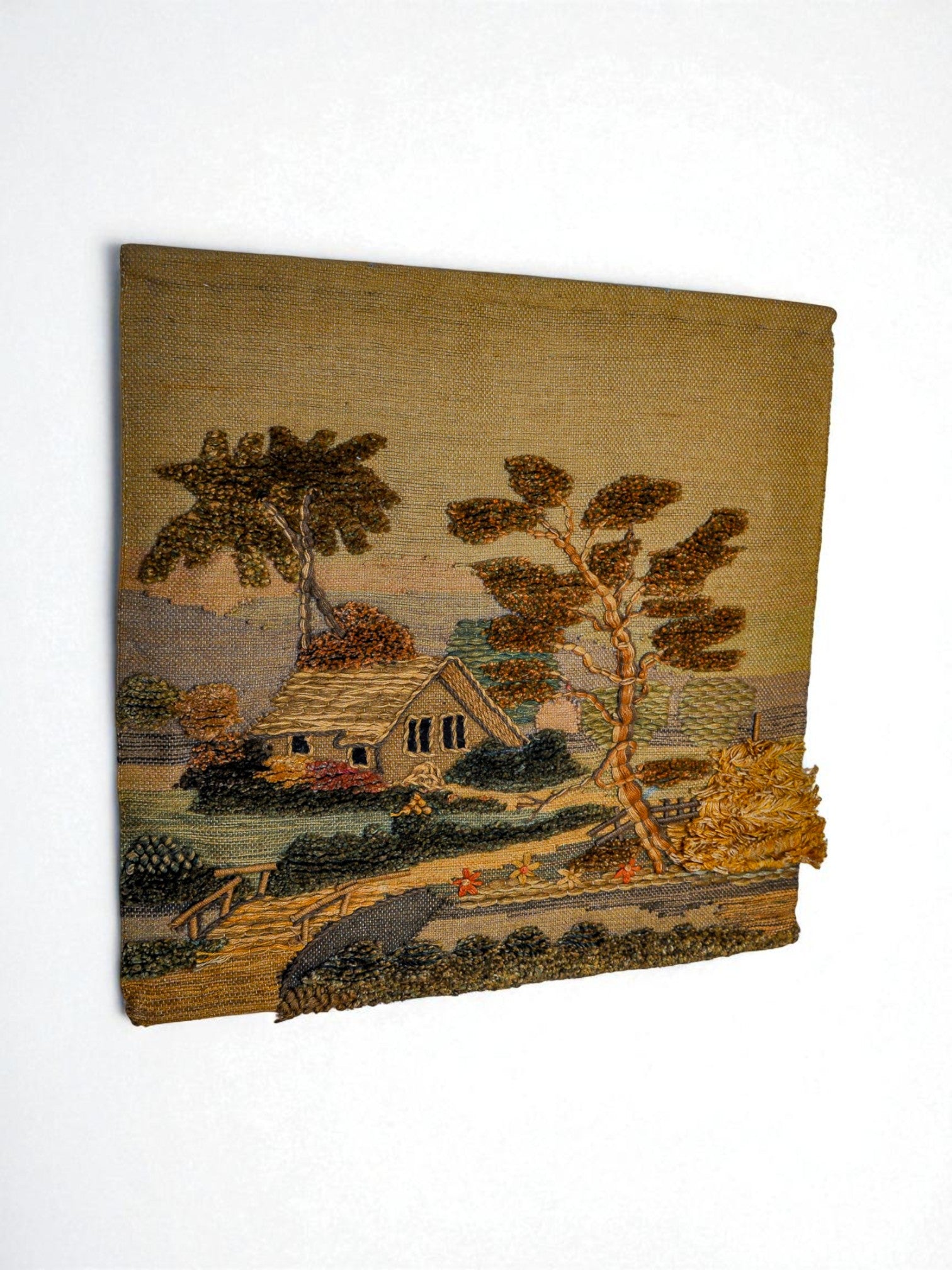 Spanish 1970s Folk Art Wool Tapestry –  Thatched English Cottage & Tree Landscape