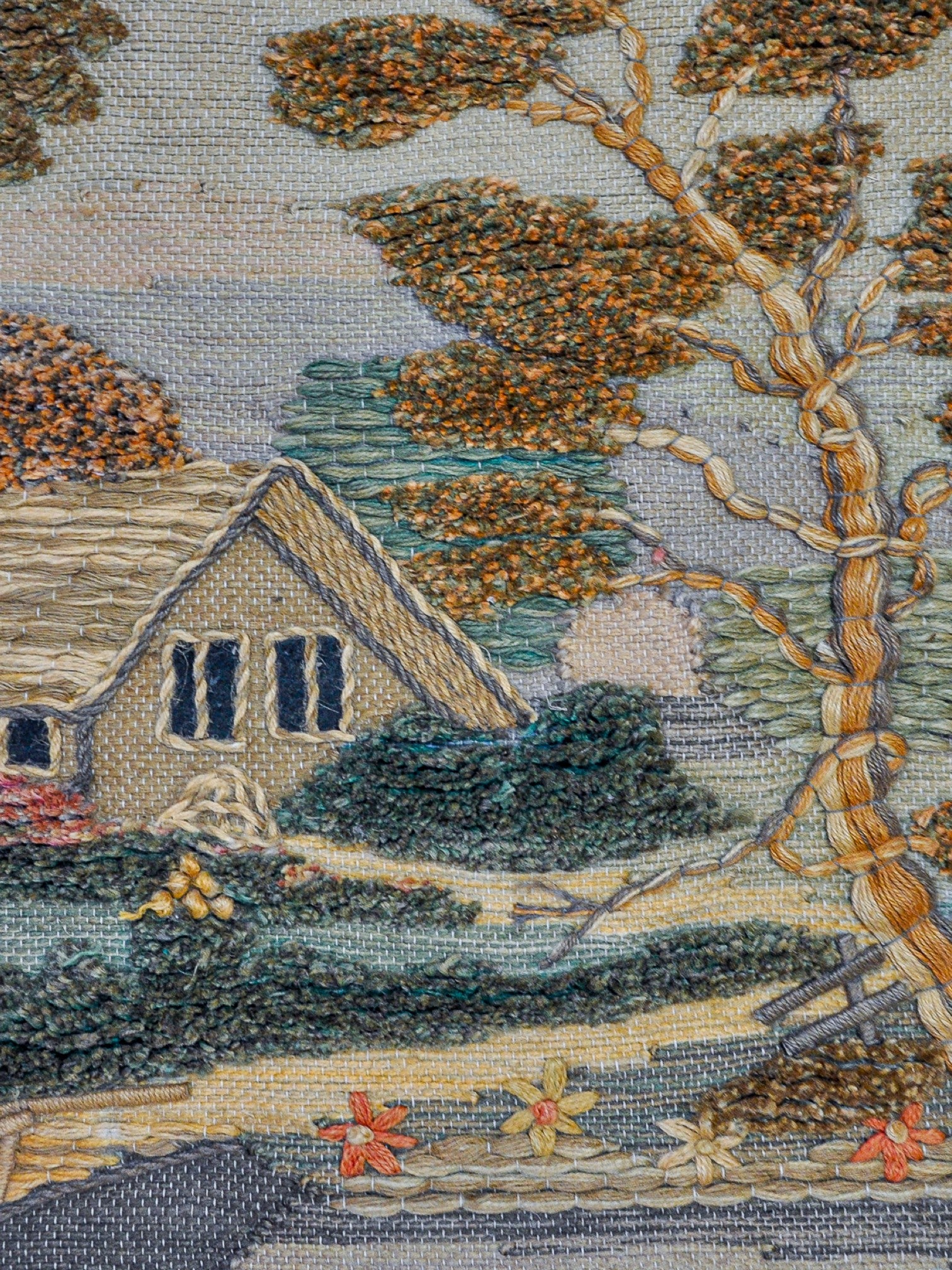 Spanish 1970s Folk Art Wool Tapestry –  Thatched English Cottage & Tree Landscape