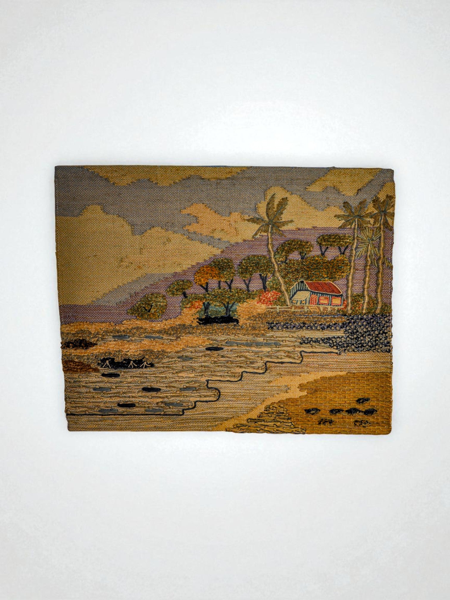 Spanish 1970s Folk Art Wool Tapestry – Tropical Cottage Landscape