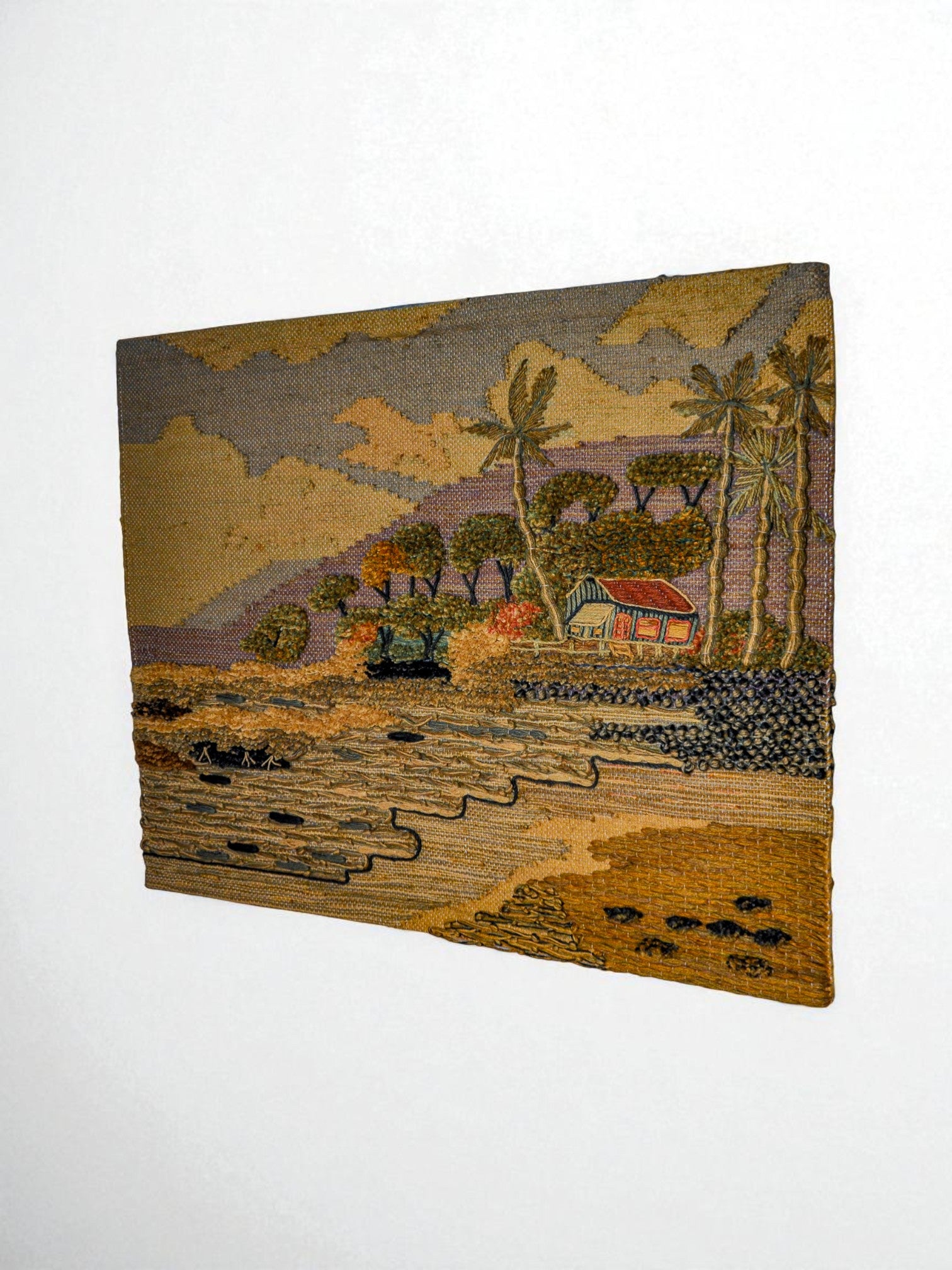 Spanish 1970s Folk Art Wool Tapestry – Tropical Cottage Landscape