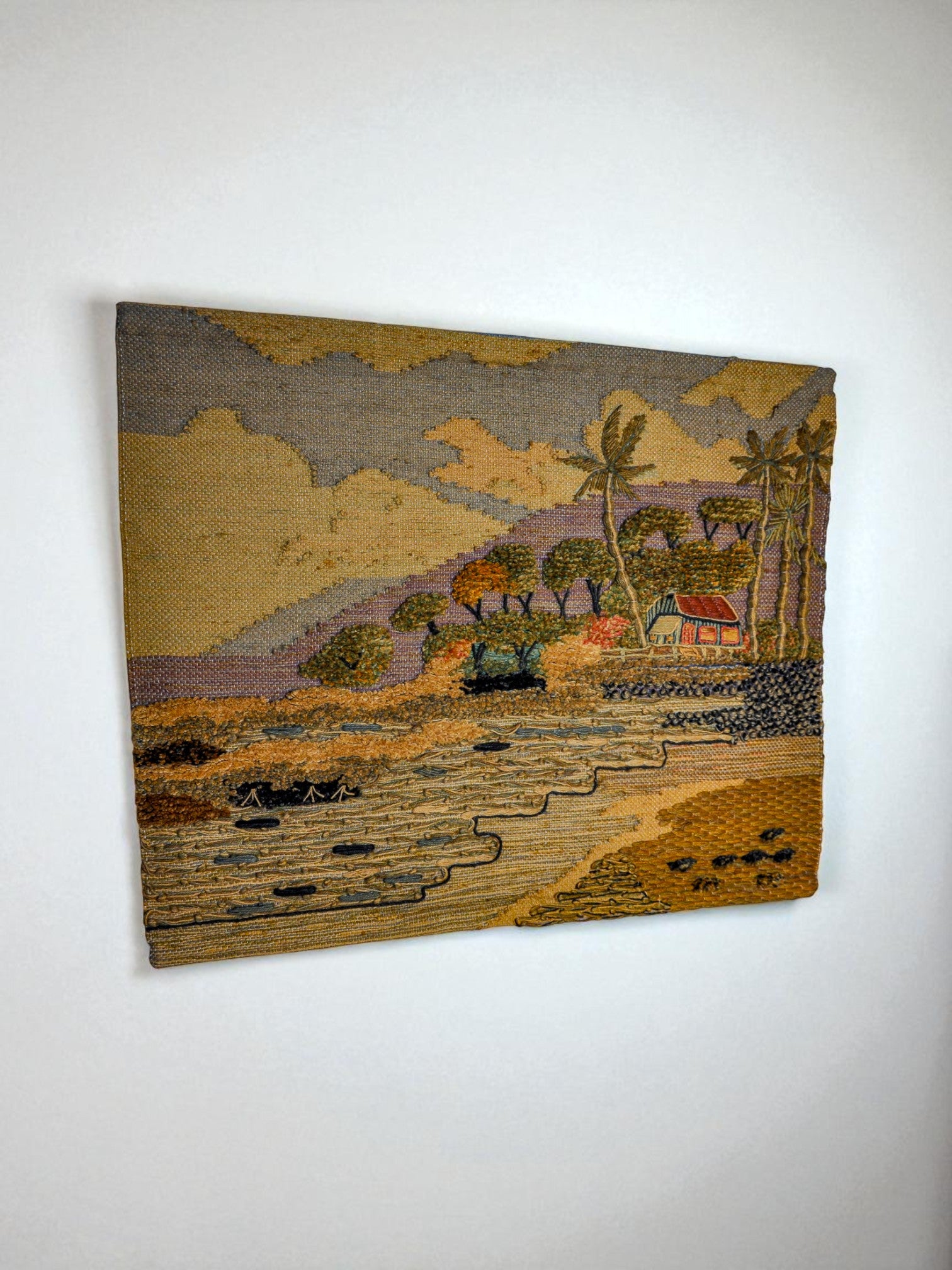Spanish 1970s Folk Art Wool Tapestry – Tropical Cottage Landscape