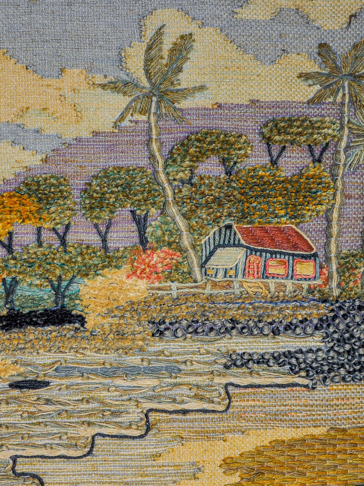 Spanish 1970s Folk Art Wool Tapestry – Tropical Cottage Landscape