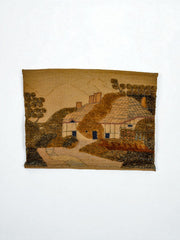 Spanish 1970s Folk Art Wool Tapestry – English Thatched Cottage Landscape