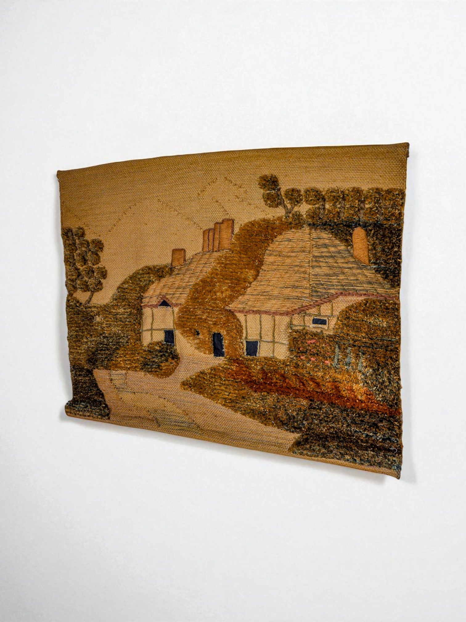 Spanish 1970s Folk Art Wool Tapestry – English Thatched Cottage Landscape