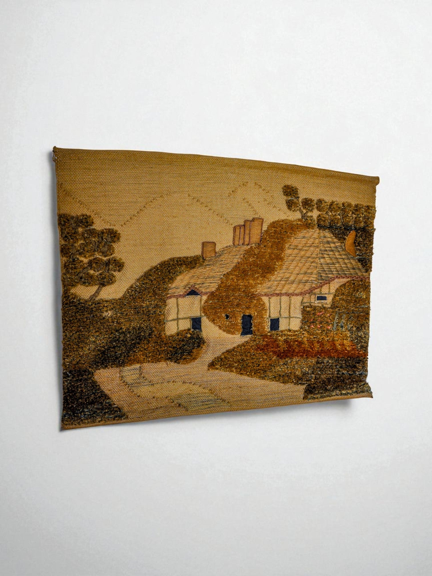 Spanish 1970s Folk Art Wool Tapestry – English Thatched Cottage Landscape