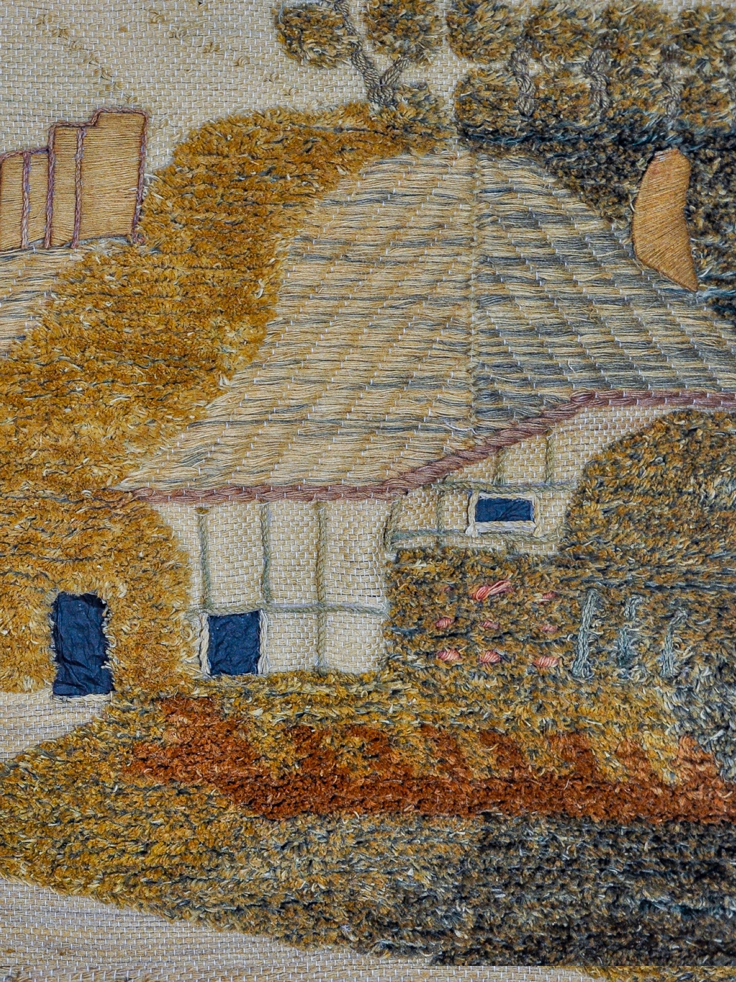Spanish 1970s Folk Art Wool Tapestry – English Thatched Cottage Landscape