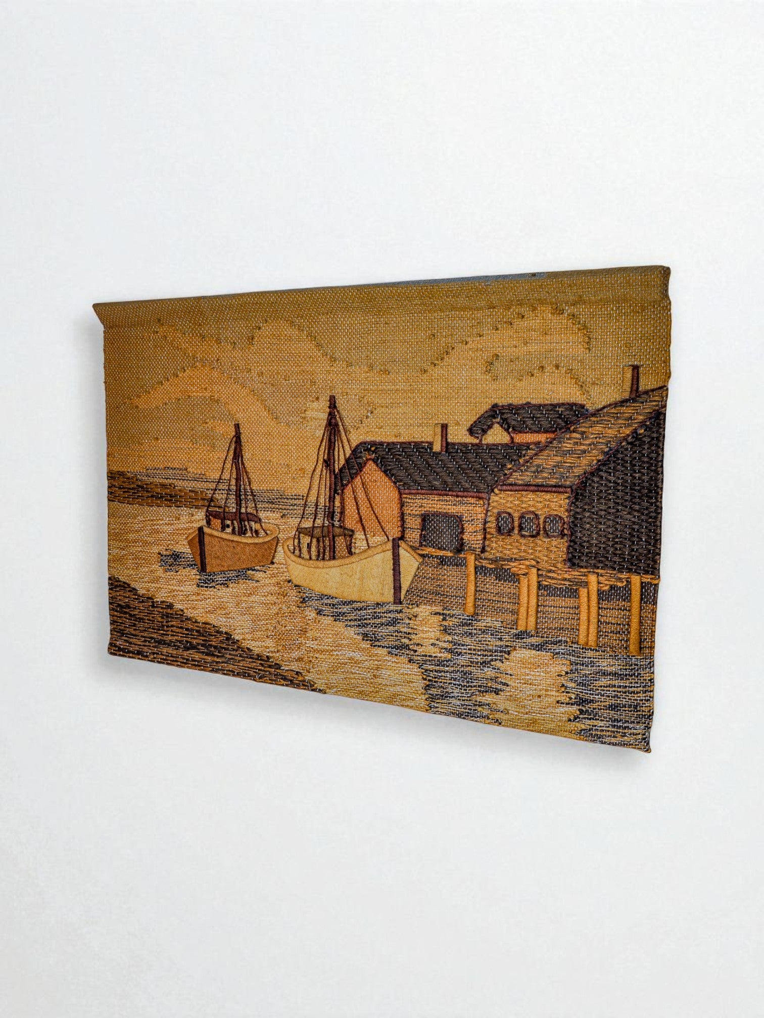 Spanish 1970s Folk Art Wool Tapestry – Coastal Harbor with Boats