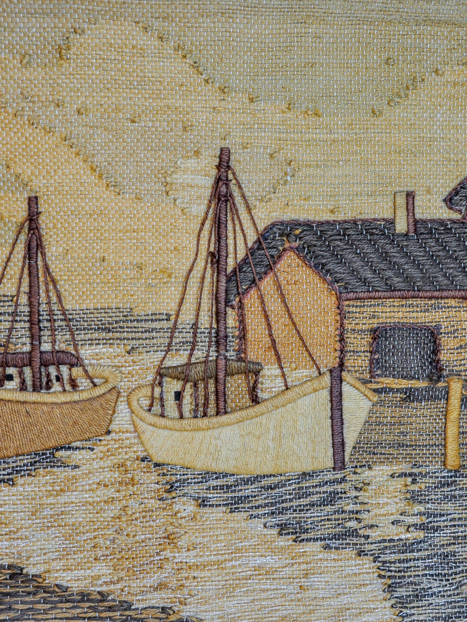 Spanish 1970s Folk Art Wool Tapestry – Coastal Harbor with Boats