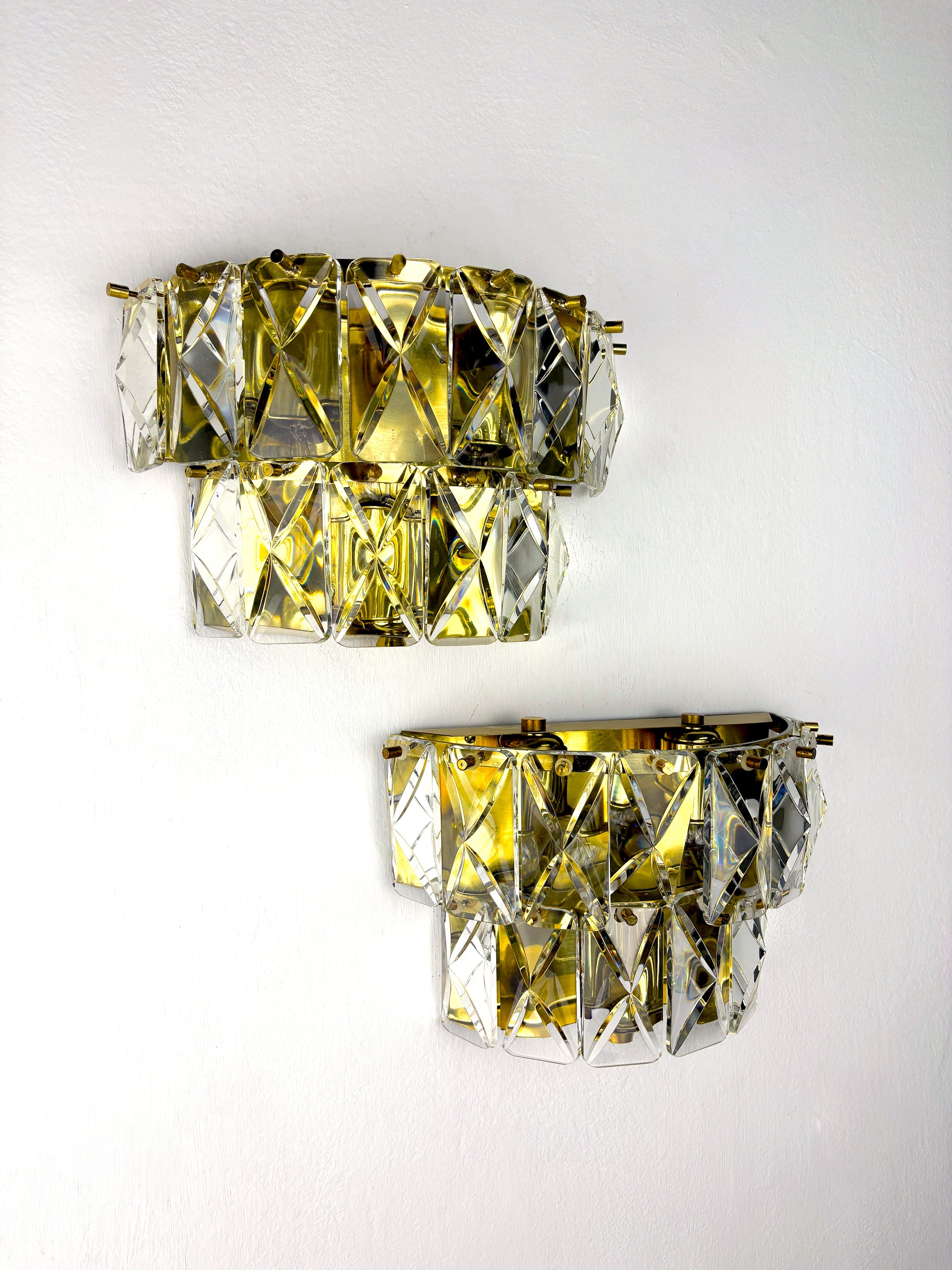 Pair of Kinkeldey 2-Tier Cut Crystal Wall Sconce, Gilt Brass, Germany, 1970s
