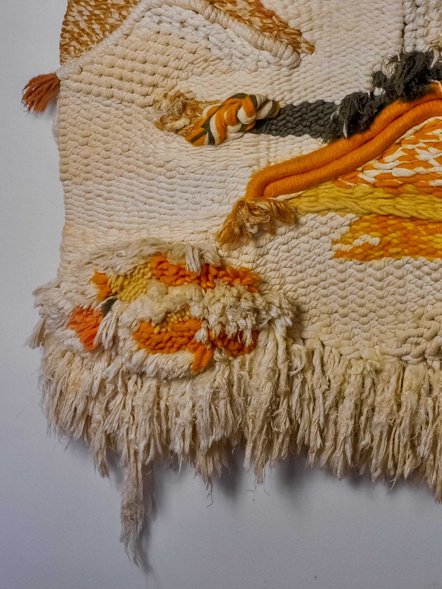 Textured macrame wall hanging, brown & orange wool, Spain, Circa 1970