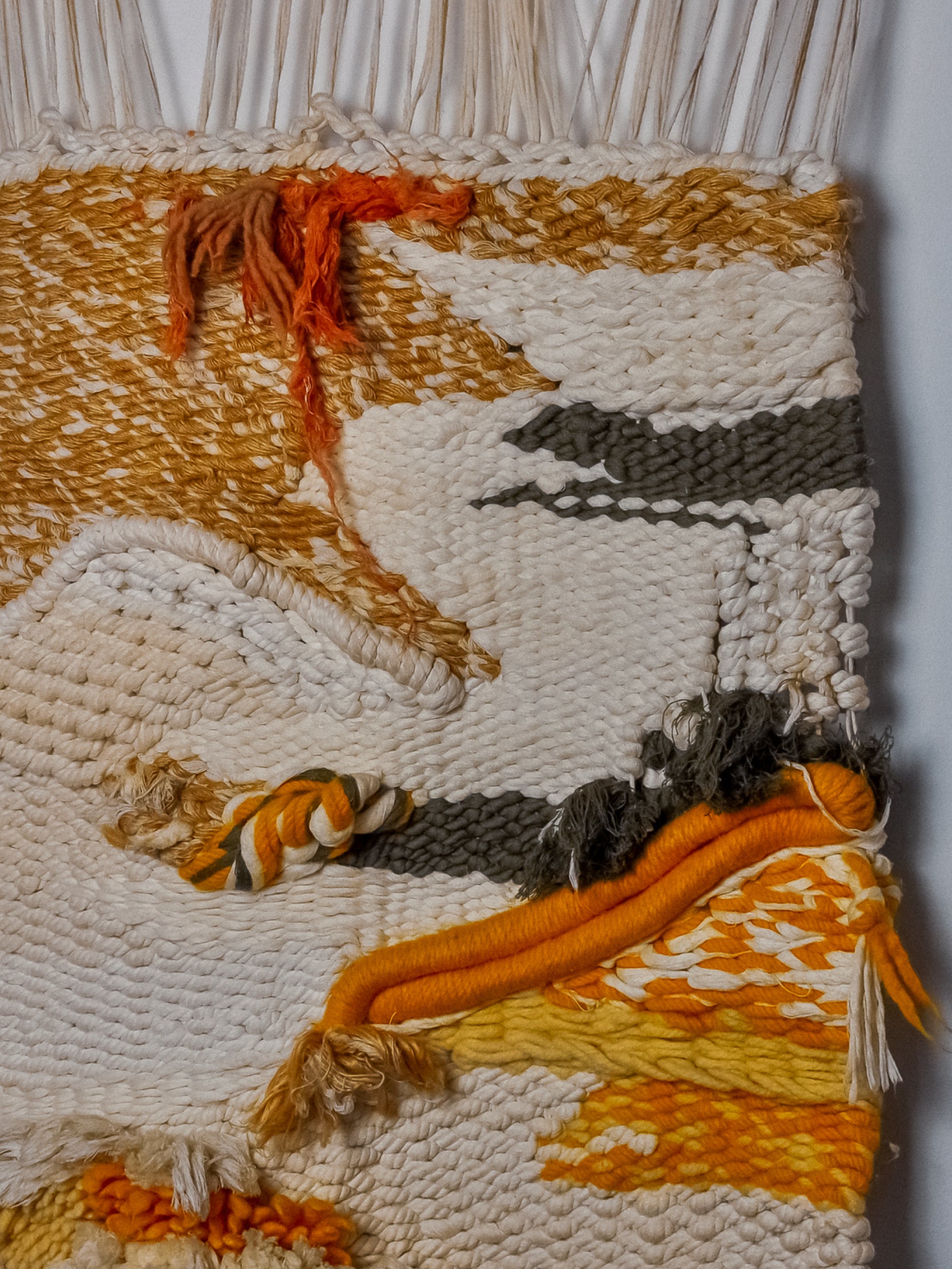 Textured macrame wall hanging, brown & orange wool, Spain, Circa 1970