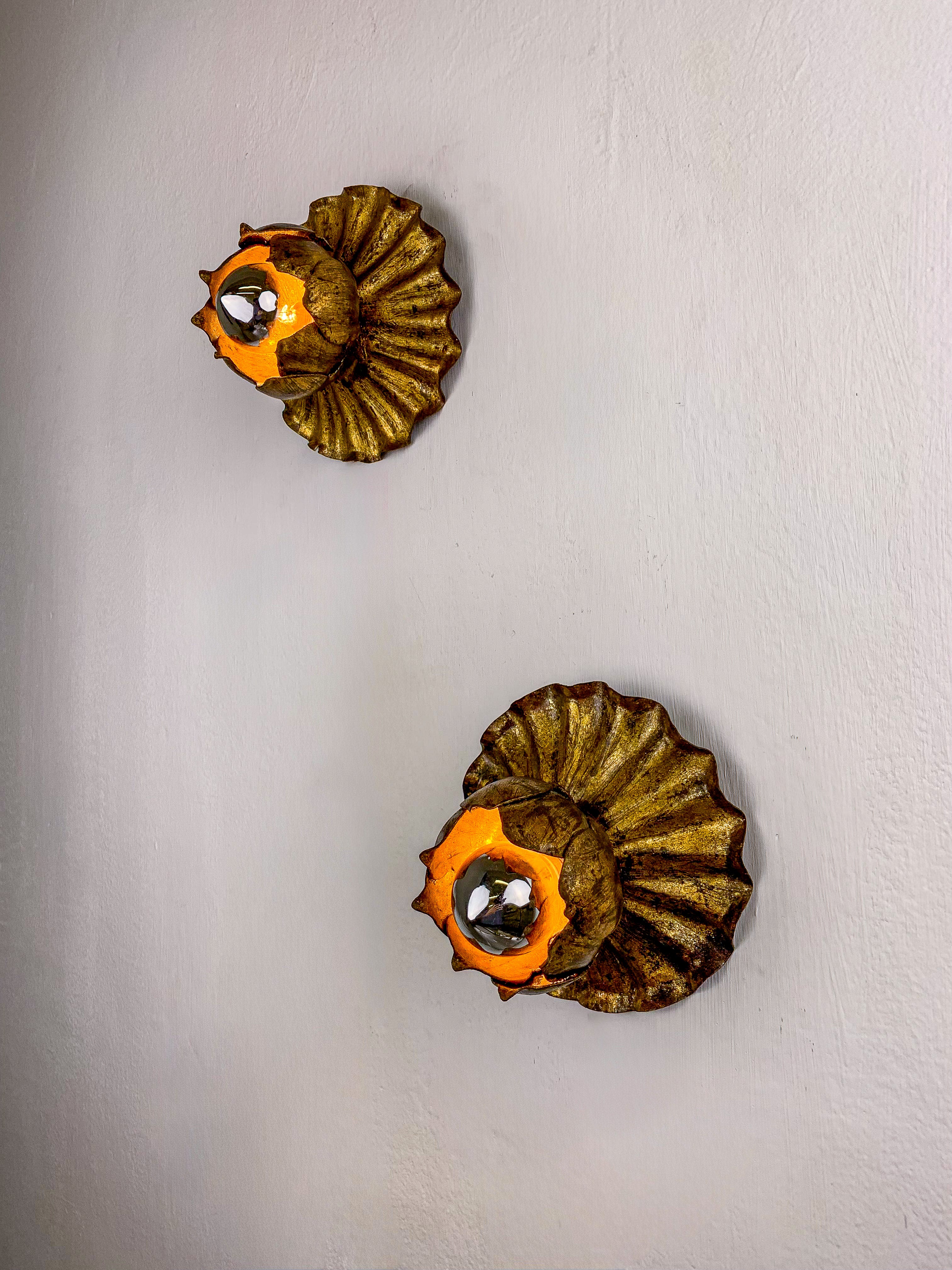 Pair of Embedded Flower Bud Wall ceiling light, Gold Leaf Gilded Iron, Spain, 1950s