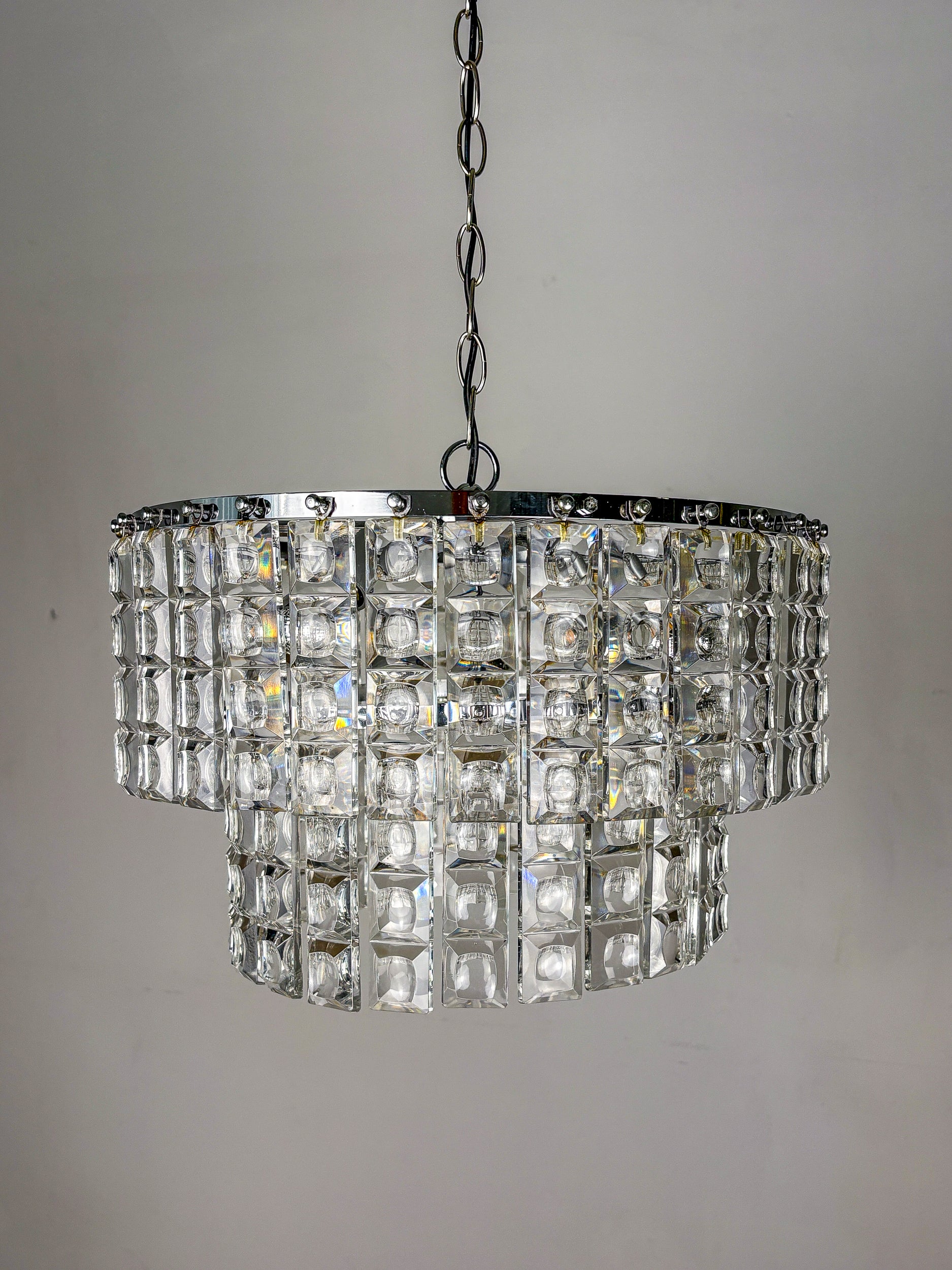 Kinkeldey 2-Tier Cut Crystal Chandelier, Gilt Brass, Circa 1970's, Germany
